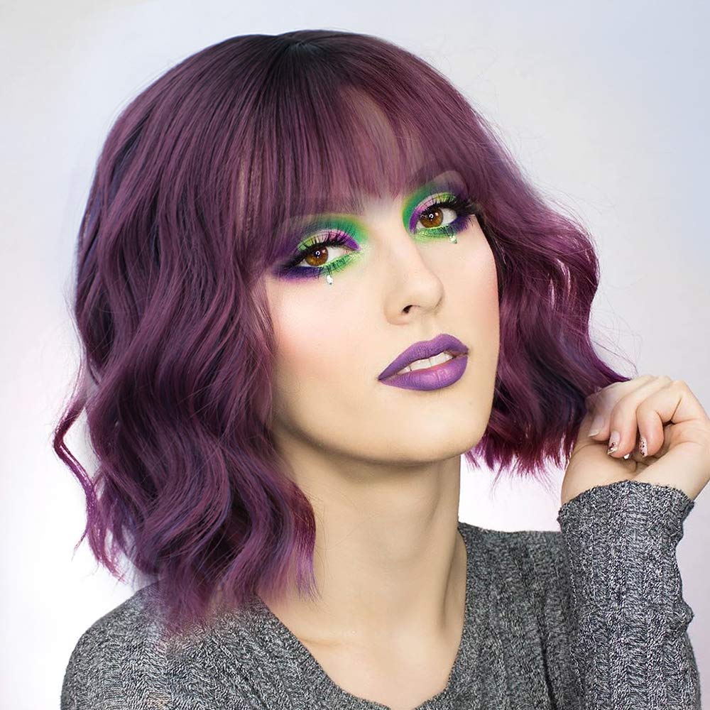 Sué Exquisite Purple Wavy Cosplay Bob Wigs for Women Short