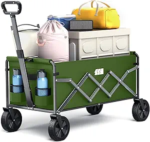 Collapsible Foldable Wagon, Foldig Cart with Wheel Heavy Duty with 180lbs Weight Capacity Lightweight Utility Camping Wagon for Groceries Garden Beach Sports Fishing (Army Green)