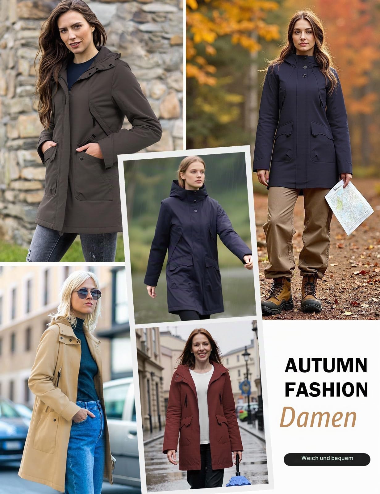 Vancavoo Übergangsjacke Damen Wintermantel Lang Leichte Jacke mit Kapuze Softshellmantel Übergang Mantel Parka Übergangsmantel für Frühling Herbst