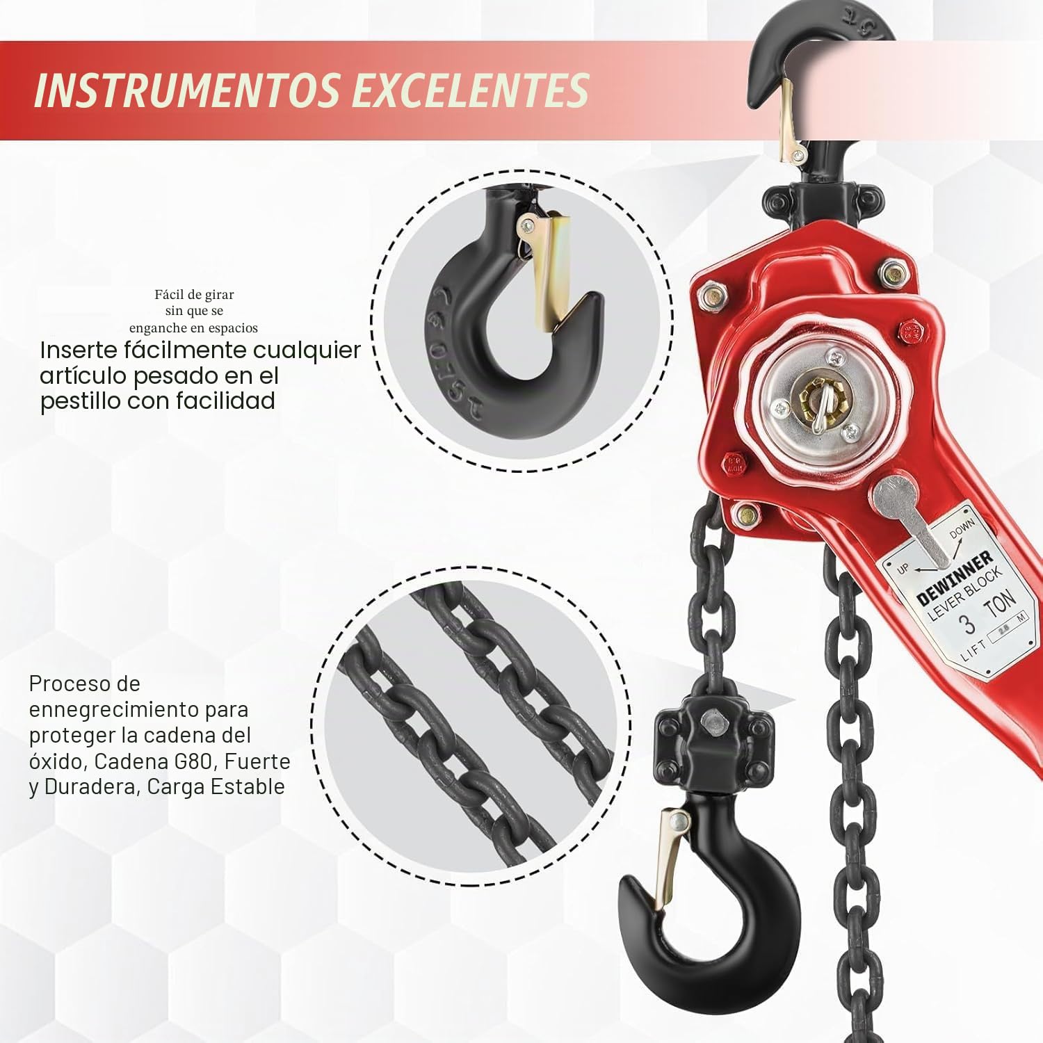 Polipasto manual de palanca de 3 toneladas, altura de elevación 2,8 m, cadena G80 de acero al carbono, gancho orientable a 360°