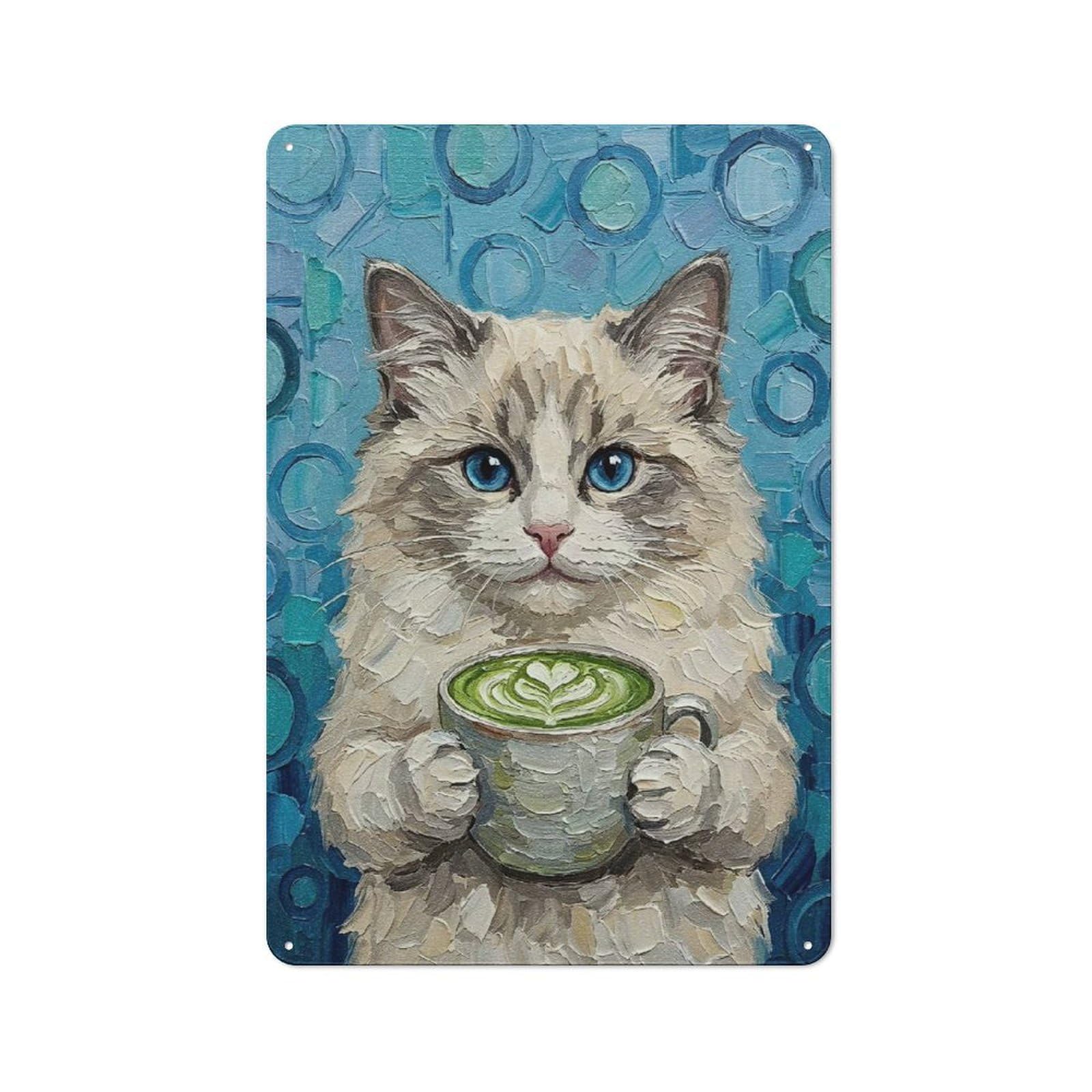 Junmoney Style-16 Metal Plaque 30X20cm With Cat With Matcha Latte Painting For Pub Or Café, Vintage Decor, For Vintage Wall Decor Fans, For Metal Sign Collectors