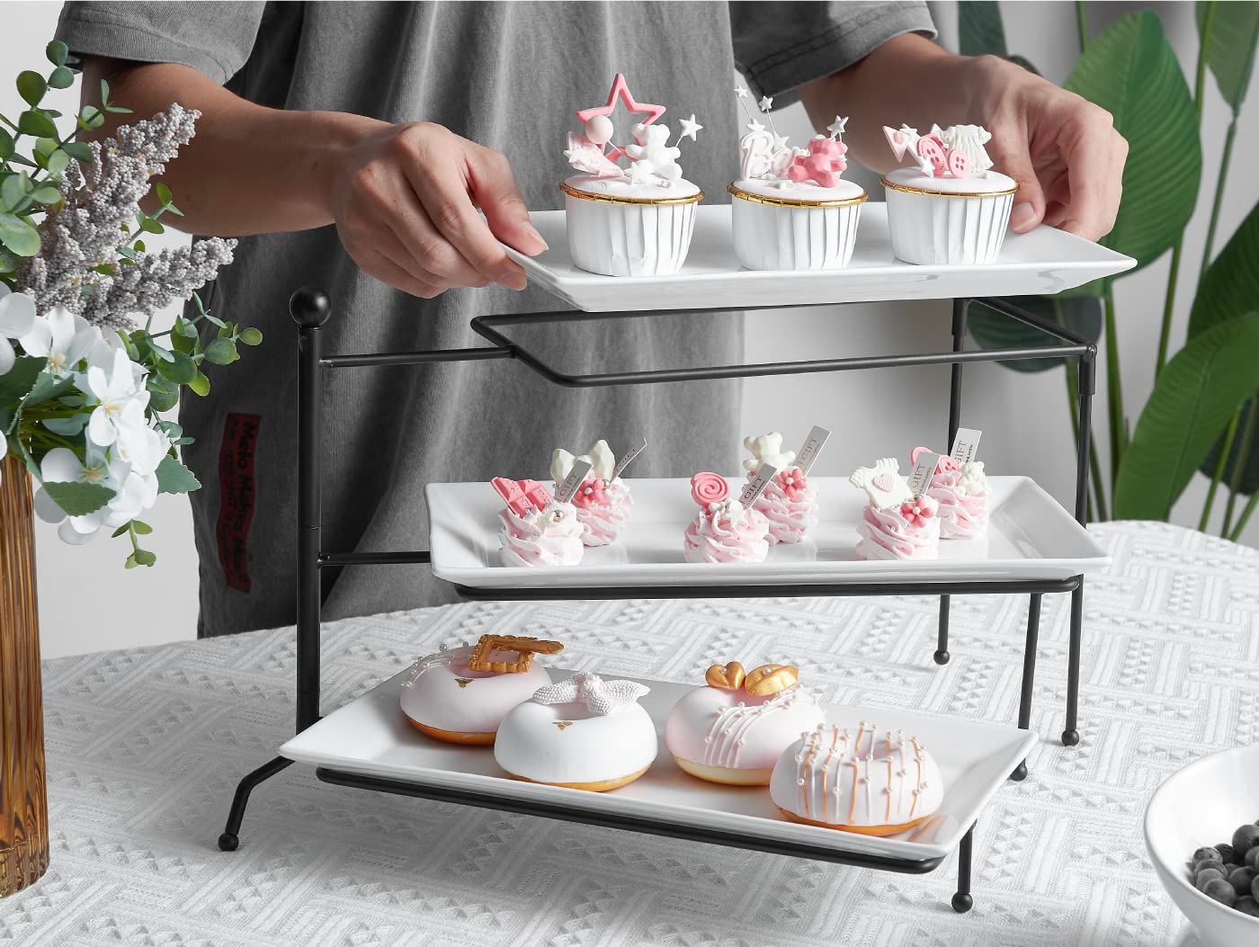 ONEMORE 3 Tier Serving Tray - Foldable Swivel Food Display Stand with Ceramic Serving Platters - White