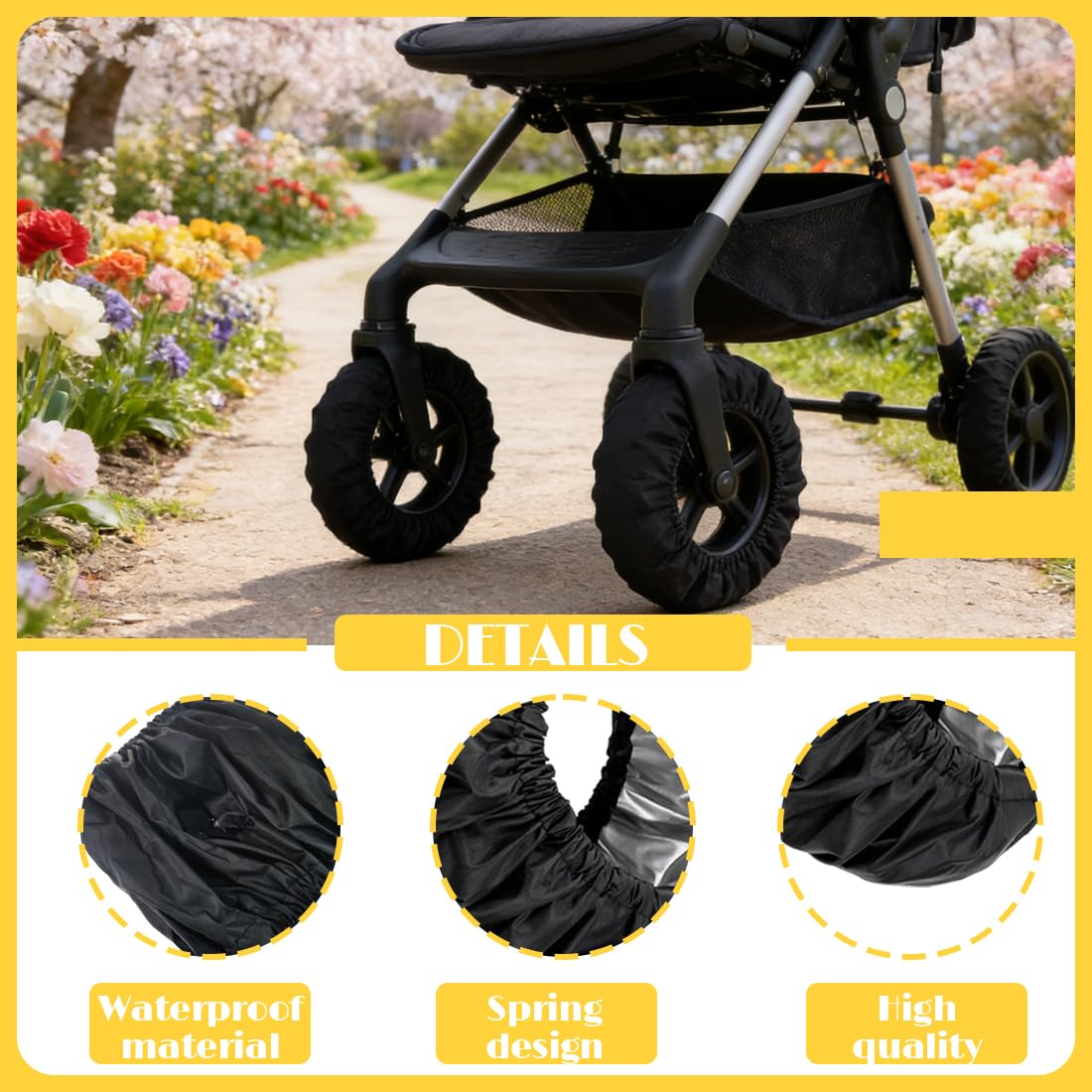 Copriruota per Passeggino in Tessuto Oxford 4 Pezzi, Coperture di Protezione Ruote, Nero