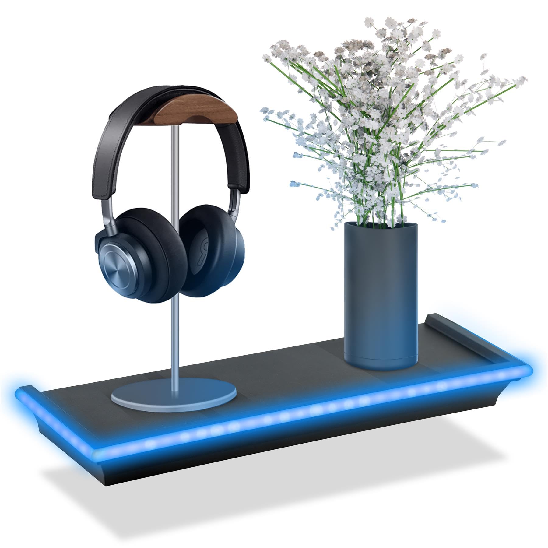 GEEZY Black Floating Shelf with Blue LED Neon Lights - Wall Mounted with Screws, Battery Operated, Lightweight - Floating Shelves for Bedroom - Suitable for Gaming Room Lounge 45.5 x 15.5 x 4.5cm