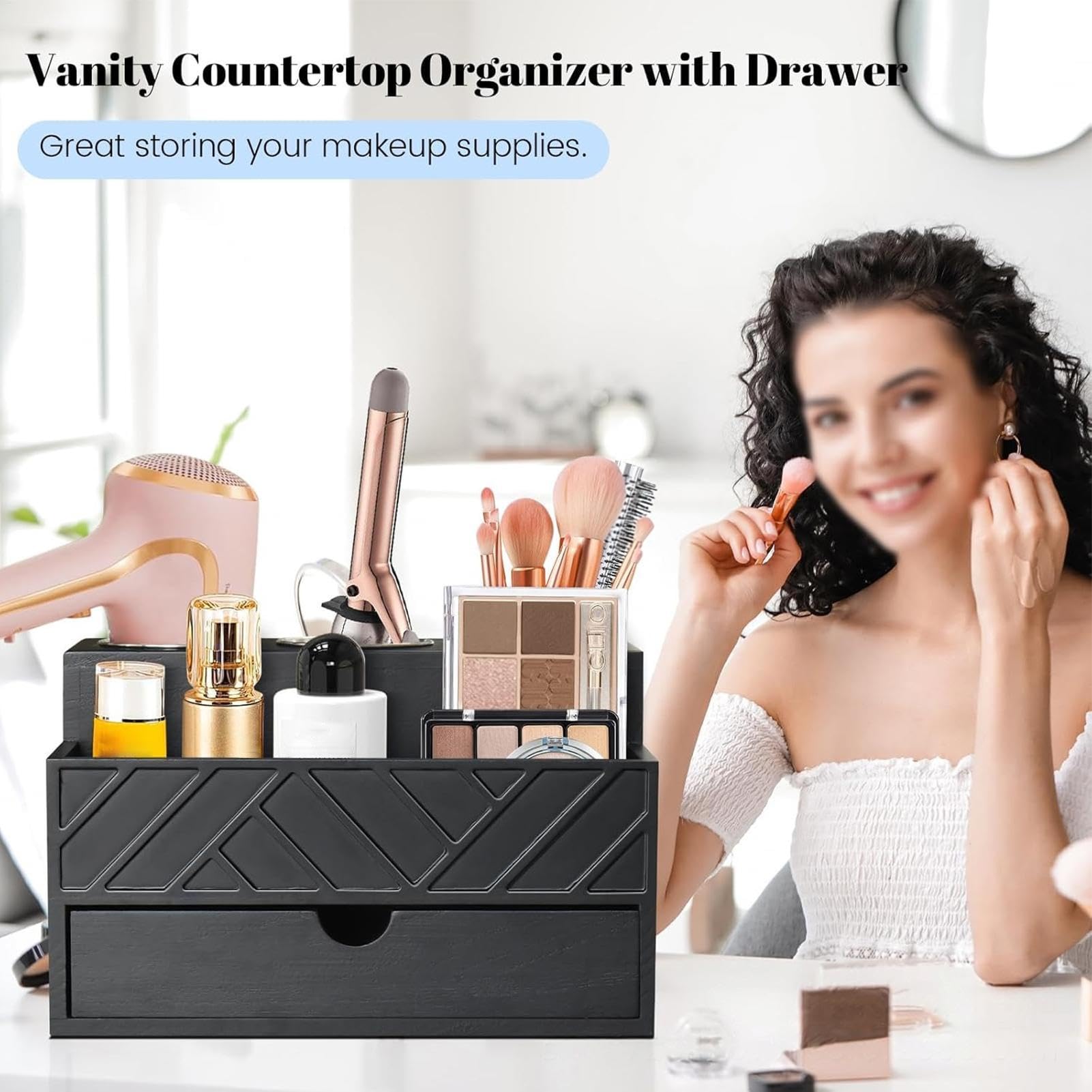 Generisch Haartrocknerhalter Mit Abnehmbaren, Bechern, Kabellöchern Und | Haarstylinggeräte-Organizer, Für Die Arbeitsplatte Für Make-up Pinsel, Glätteisen, Dusche, Waschtisch, Schlafzimmer,