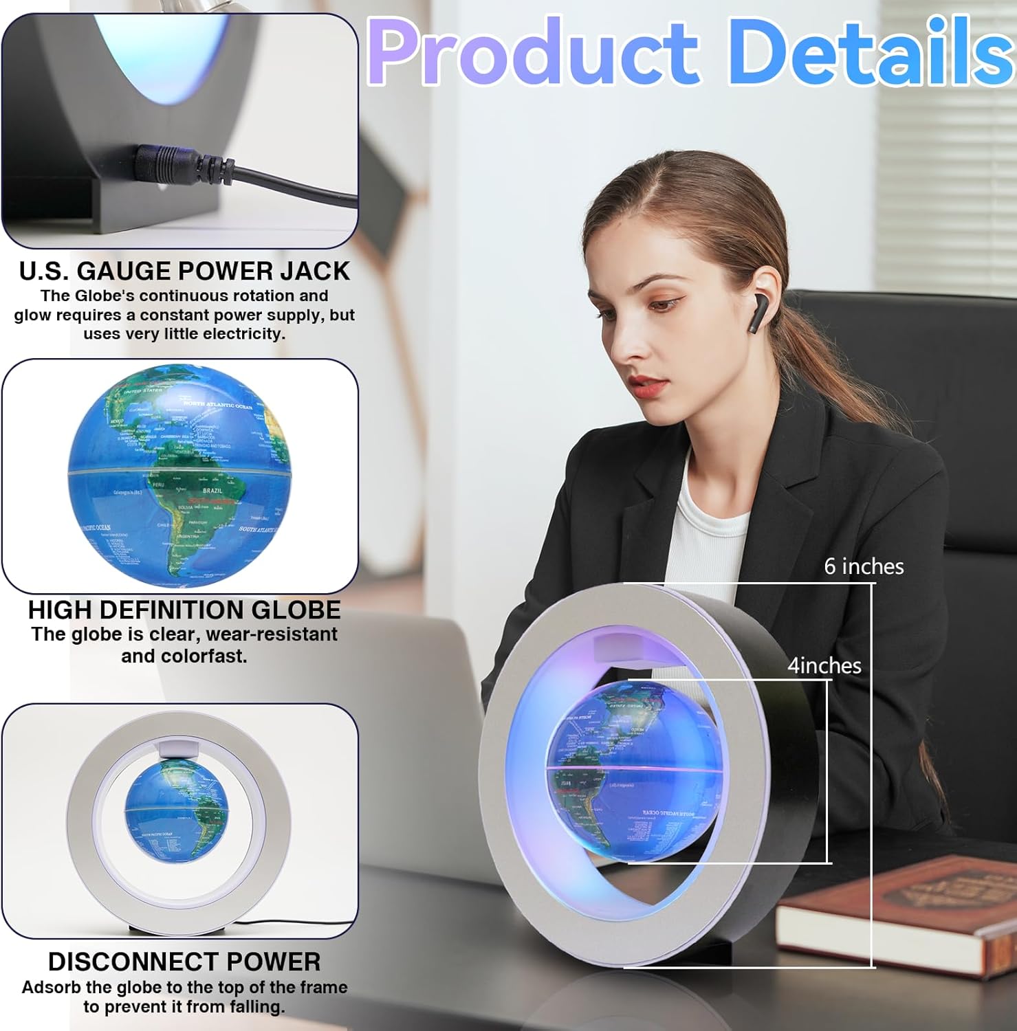 Magnetic Levitating Globe Floating Globes, O Shape Levitation Globe with Multicolor LED Lights and Touch Control, Gravity Spinning Globes for Desk Decor, Cool Tech Creative Gift