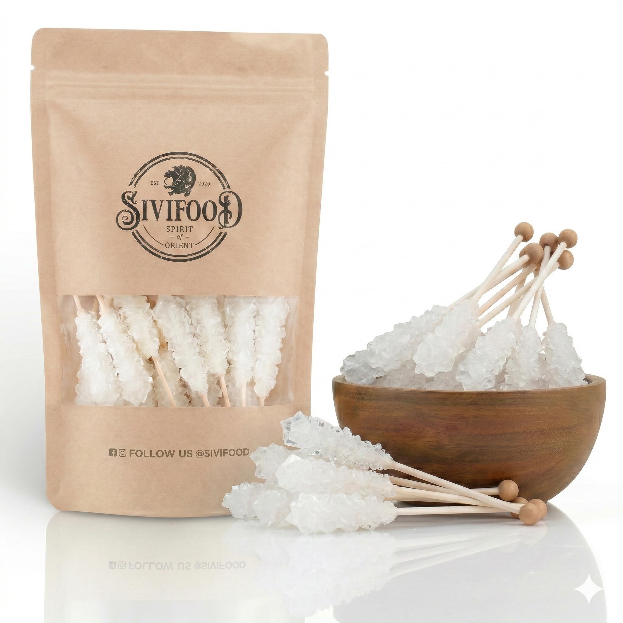 SIVIFOOD White Rock Candy Sticks Natural Pack de 25 - Bonbons de roche blanche naturelle sur un bâton pour le thé, sucre sur un bâton, bâtonnets de bonbons pour décoration, sucre cristal de Noël