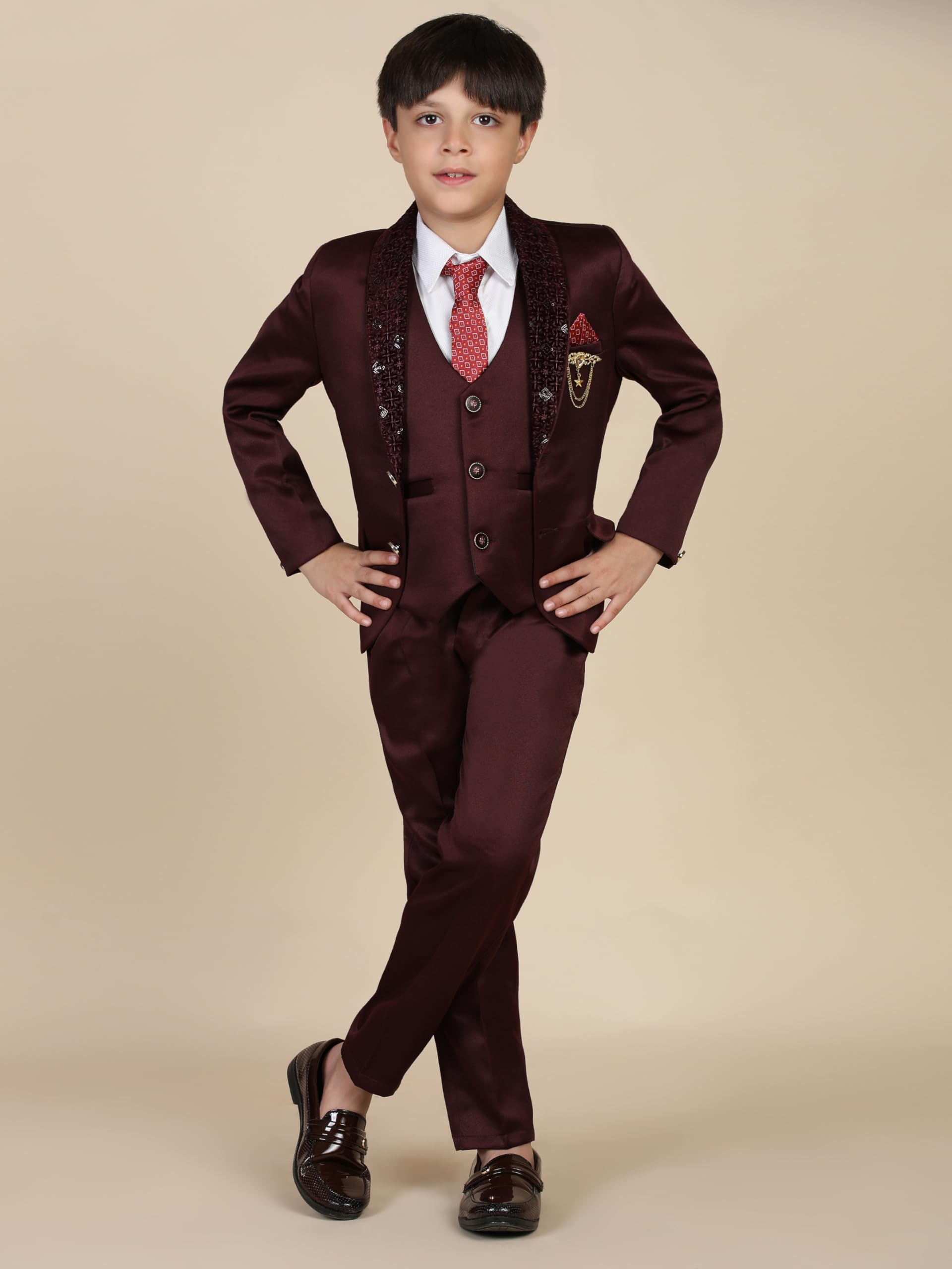 Pro-Ethic Style Developer Cotton 5 Piece Boys Suit Set for Kids Wedding Outfit | Set of Shirt, Regular Fit Pants, Coat, Waistcoat and Tie for Kids, Maroon, 13-14 Years - Image 3 thumbnail