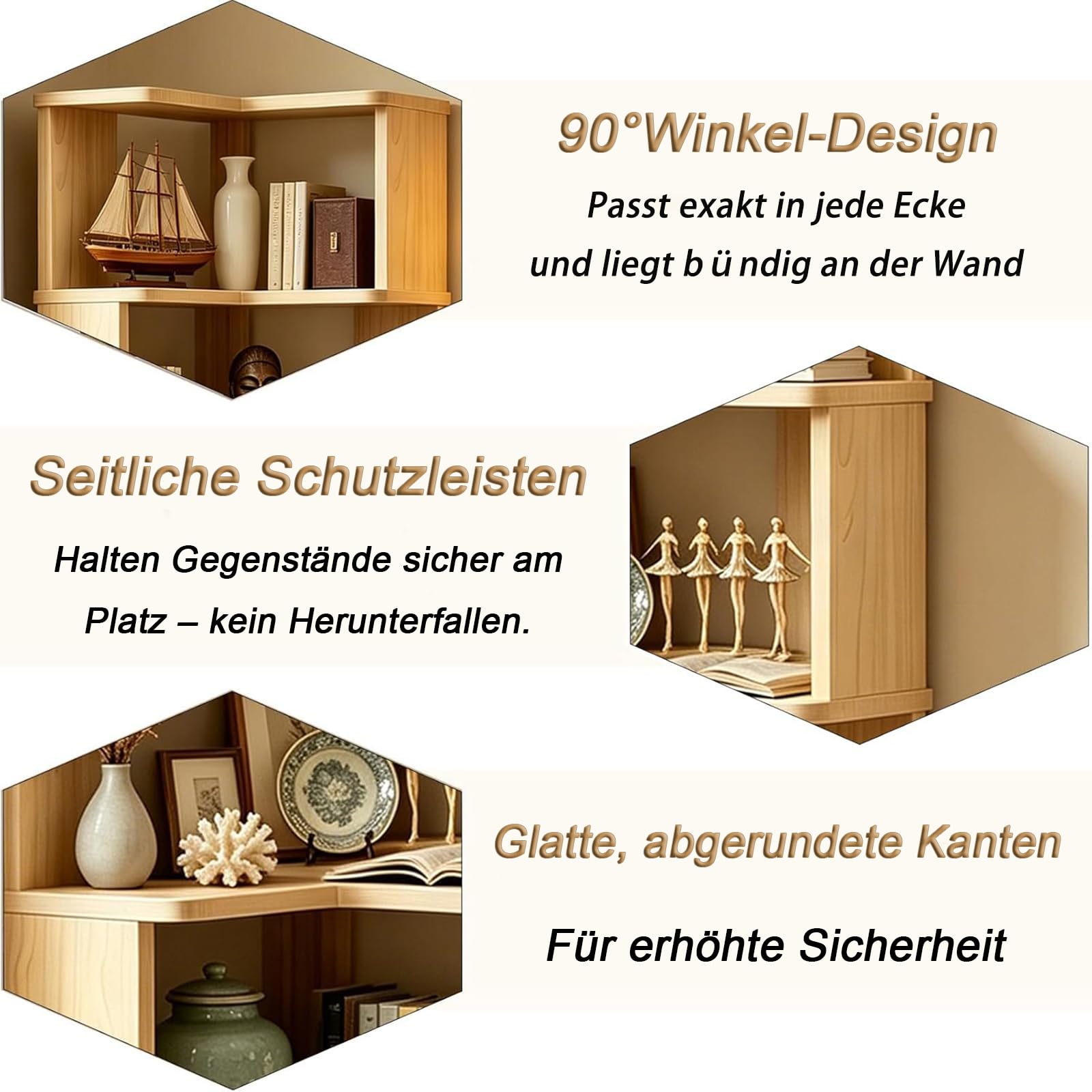 5-stöckiges Bücherregal in L-Form, Massivholz-Eckregal mit Schutzleisten, Offenes Präsentationsregal-vielseitige Aufbewahrung für Home Office, Wohnzimmer, Schlafzimmer