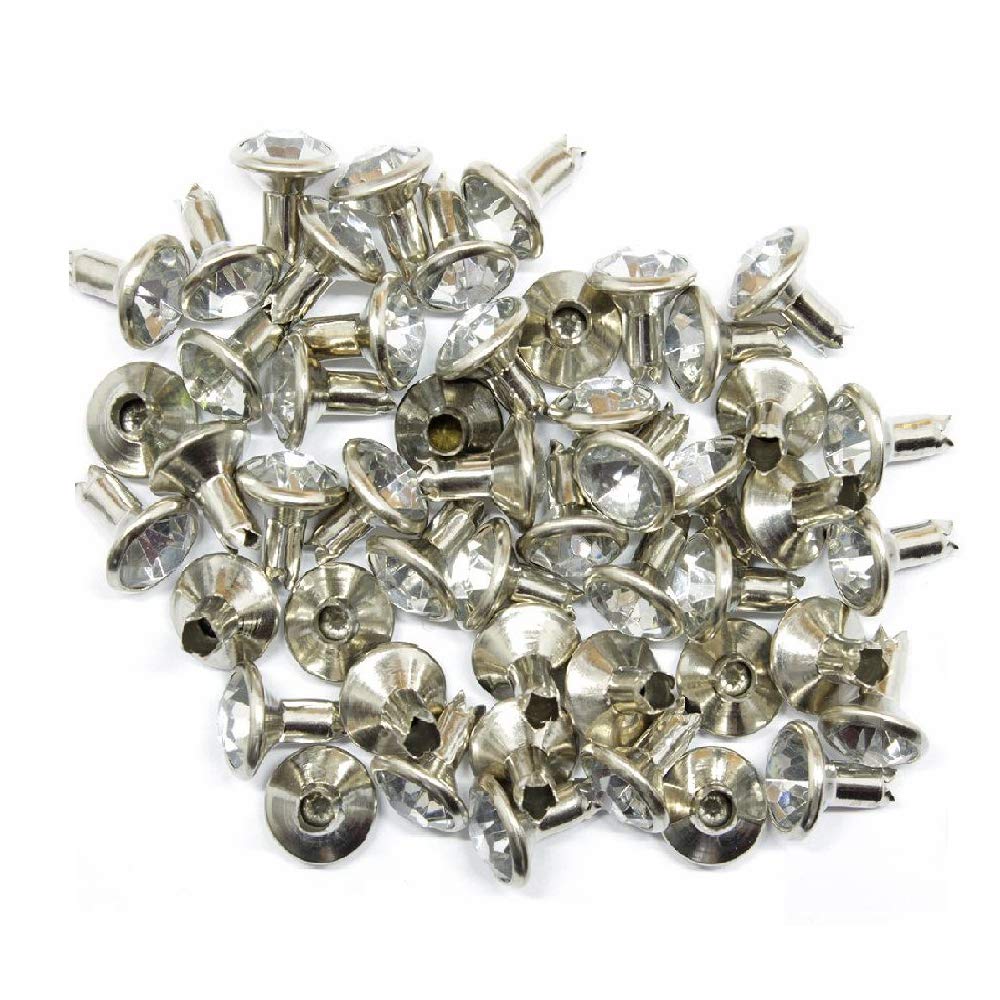 Trimming Shop - Borchie con Rivetto diamantato, 8 mm, per Artigianato in Pelle con Strass acrilici Colorati, Borse o collari per Cani (Confezione da 10), Trasparente e Argento., 8 mm