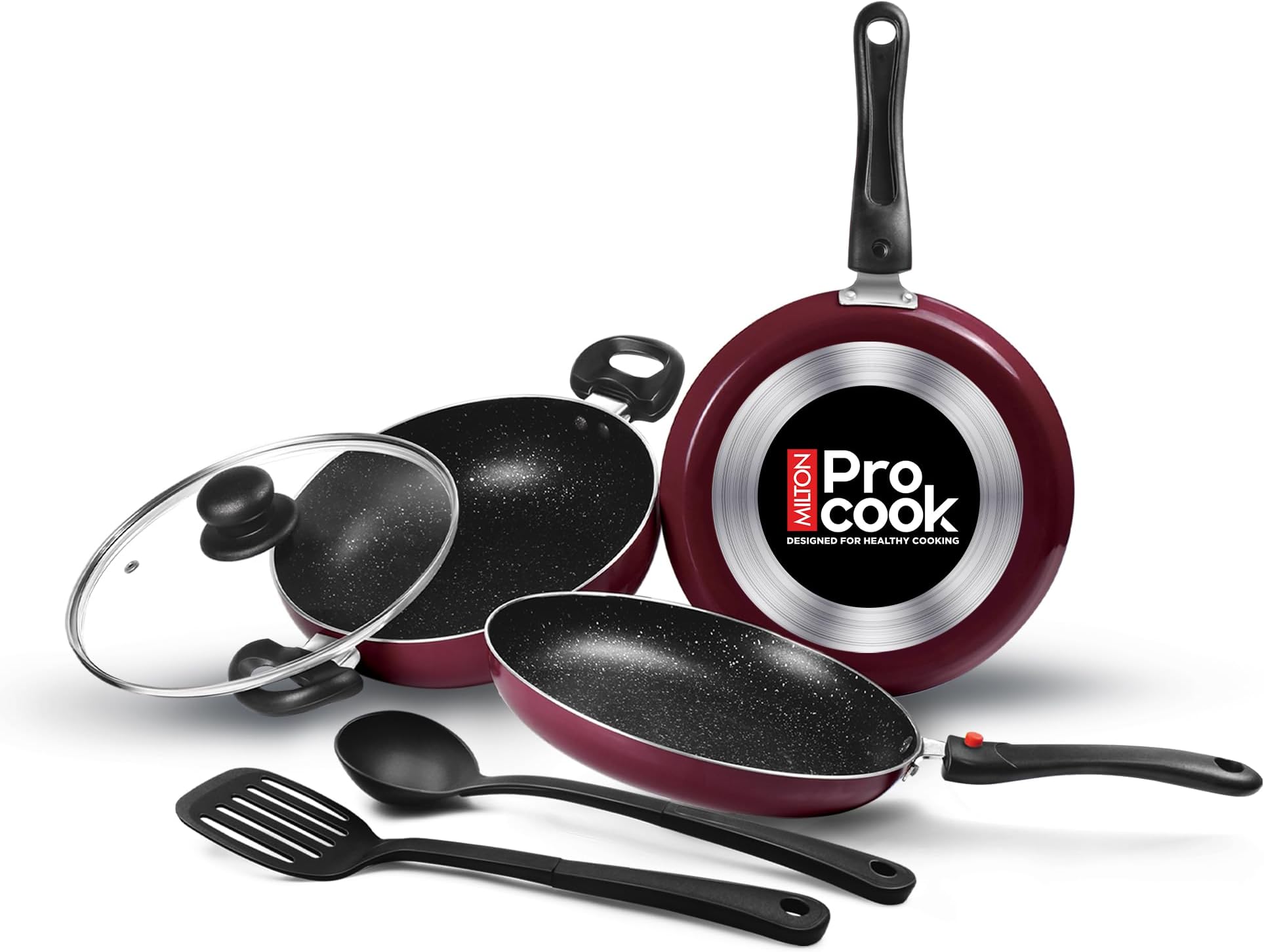 Kitchen Pride Non-Stick Cookware Set of 5 | Includes Nonstick Tawa, Frying Pan, Kadhai with Lid, Nylon Laddle & Spatula | Non-Induction Base | Peach Color