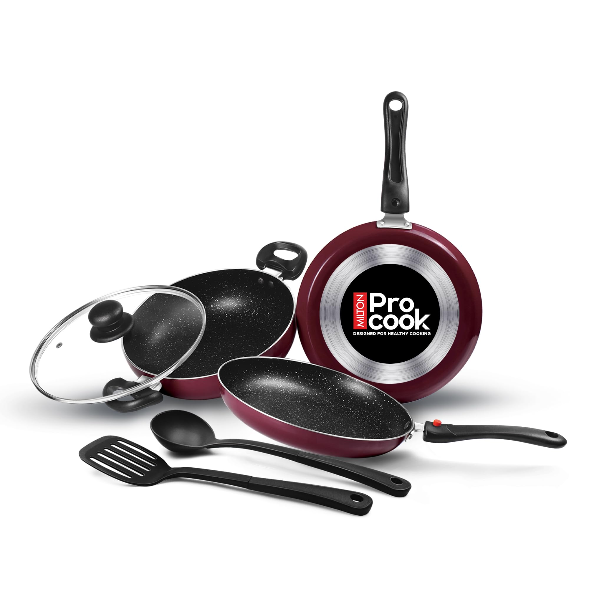 Milton Pro Cook Kitchen Pride Non-Stick Cookware Set of 5 | Includes Nonstick Tawa, Frying Pan, Kadhai with Lid, Nylon Laddle & Spatula | Non-Induction Base | Peach Color