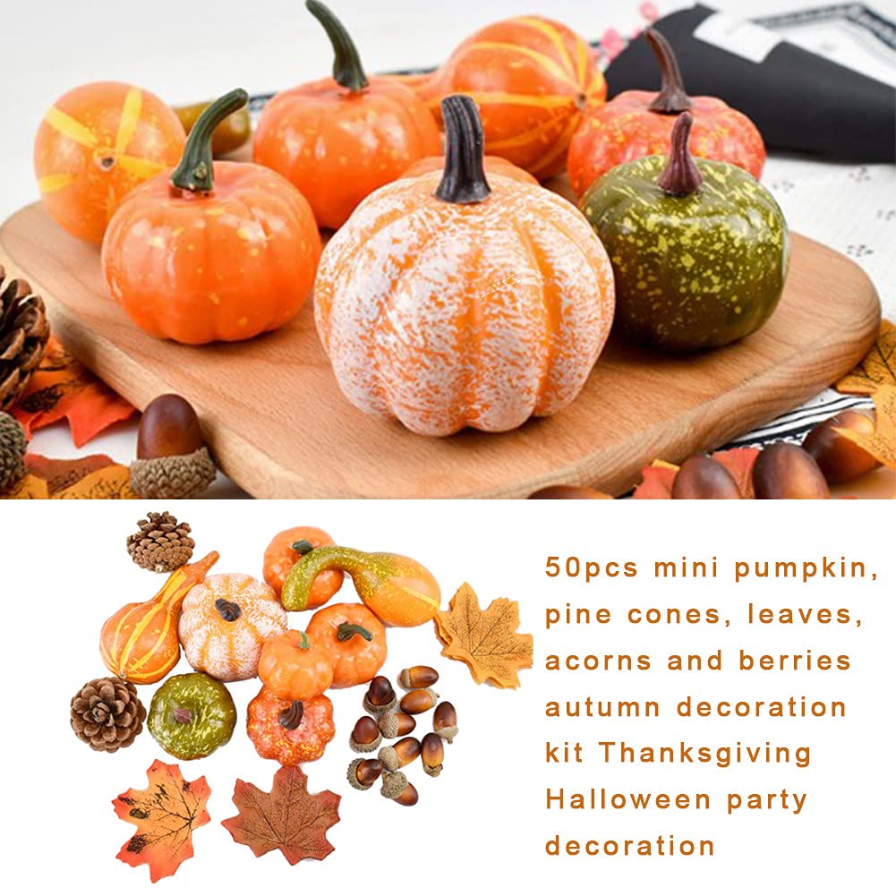 Künstliche Kürbisse Set, 50 Stück Herbst Kürbis Deko, Mini Simulationskürbis, Tannenzapfen Eicheln Ahornblatt Gefälschte, Realistic Kürbis Deko Thanksgiving Für Herbstdeko Halloween Thanksgivin