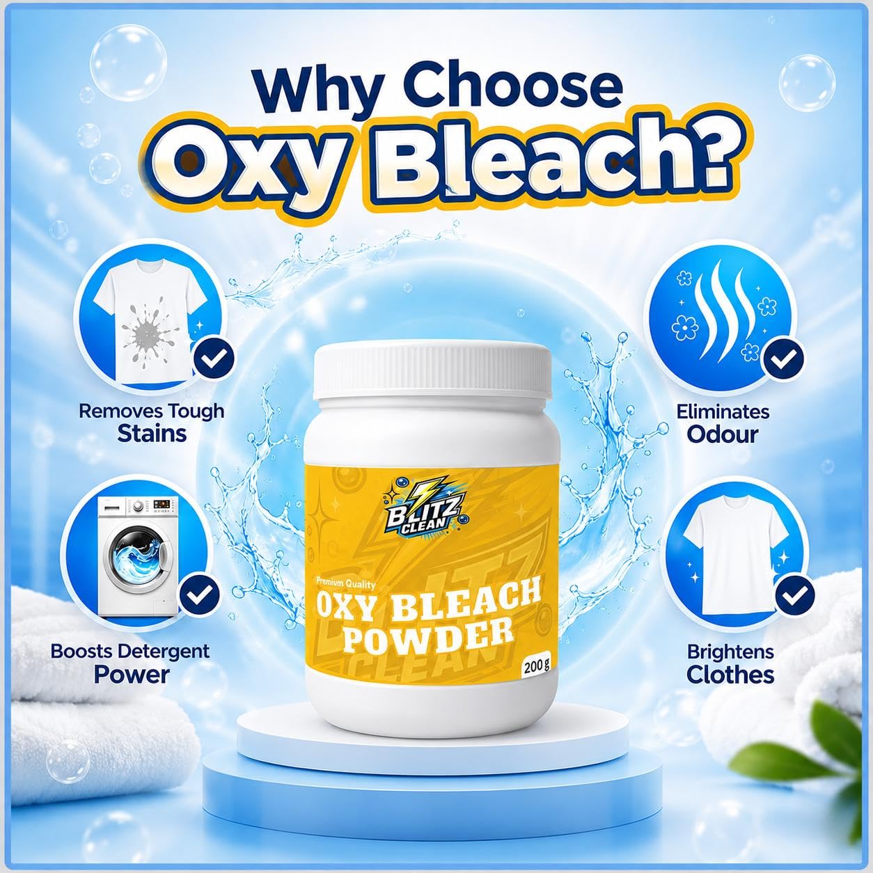 BLITZ CLEAN Oxy Bleach Powder for Clothes – Oxygen-Based Stain Remover & Whitening Booster – Safe for Coloured & White Fabrics – 200g 2