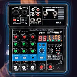 TEYUN Mixer de Áudio Profissional 4 Canais, Bluetooth, USB, Phantom Power 48V, Placa de Som Digital, Ideal para DJ, Podcast, Transmissões ao Vivo, Gravação e Música em Casa