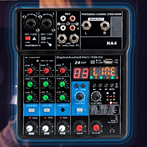 TEYUN Mixer de Áudio Profissional 4 Canais, Bluetooth, USB, Phantom Power 48V, Placa de Som Digital, Ideal para DJ, Podcast, Transmissões ao Vivo, Gravação e Música em Casa