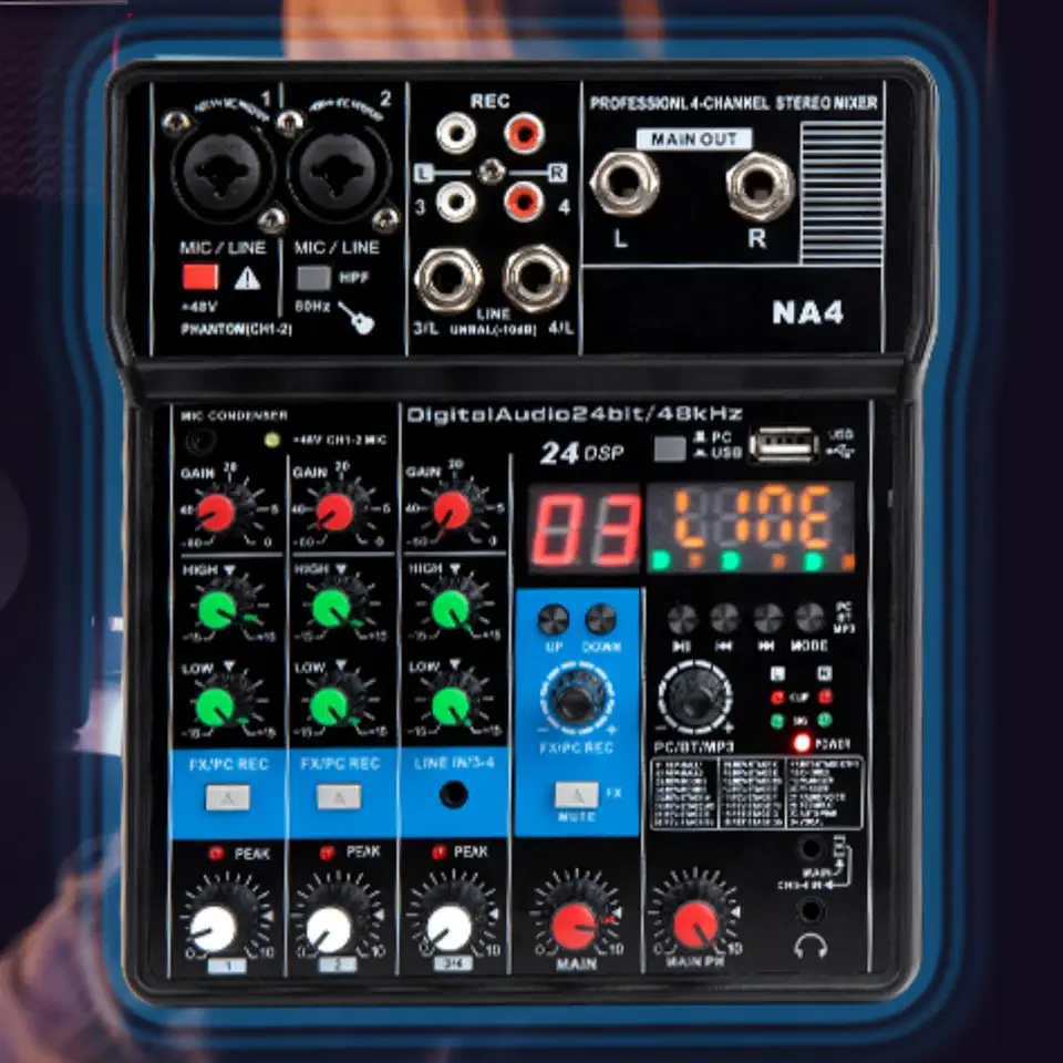 TEYUN Mixer de Áudio Profissional 4 Canais, Bluetooth, USB, Phantom Power 48V, Placa de Som Digital, Ideal para DJ, Podcast, Transmissões ao Vivo, Gravação e Música em Casa