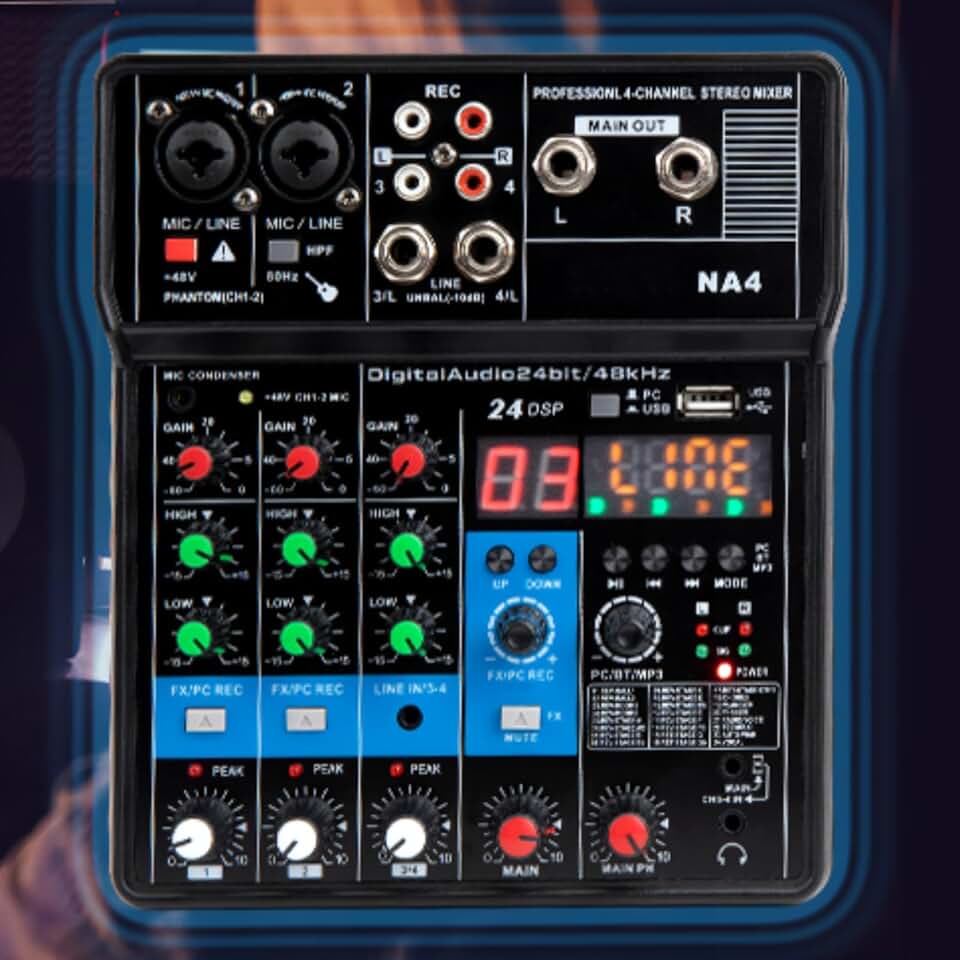 TEYUN Mixer de Áudio Profissional 4 Canais, Bluetooth, USB, Phantom Power 48V, Placa de Som Digital, Ideal para DJ, Podcast, Transmissões ao Vivo, Gravação e Música em Casa