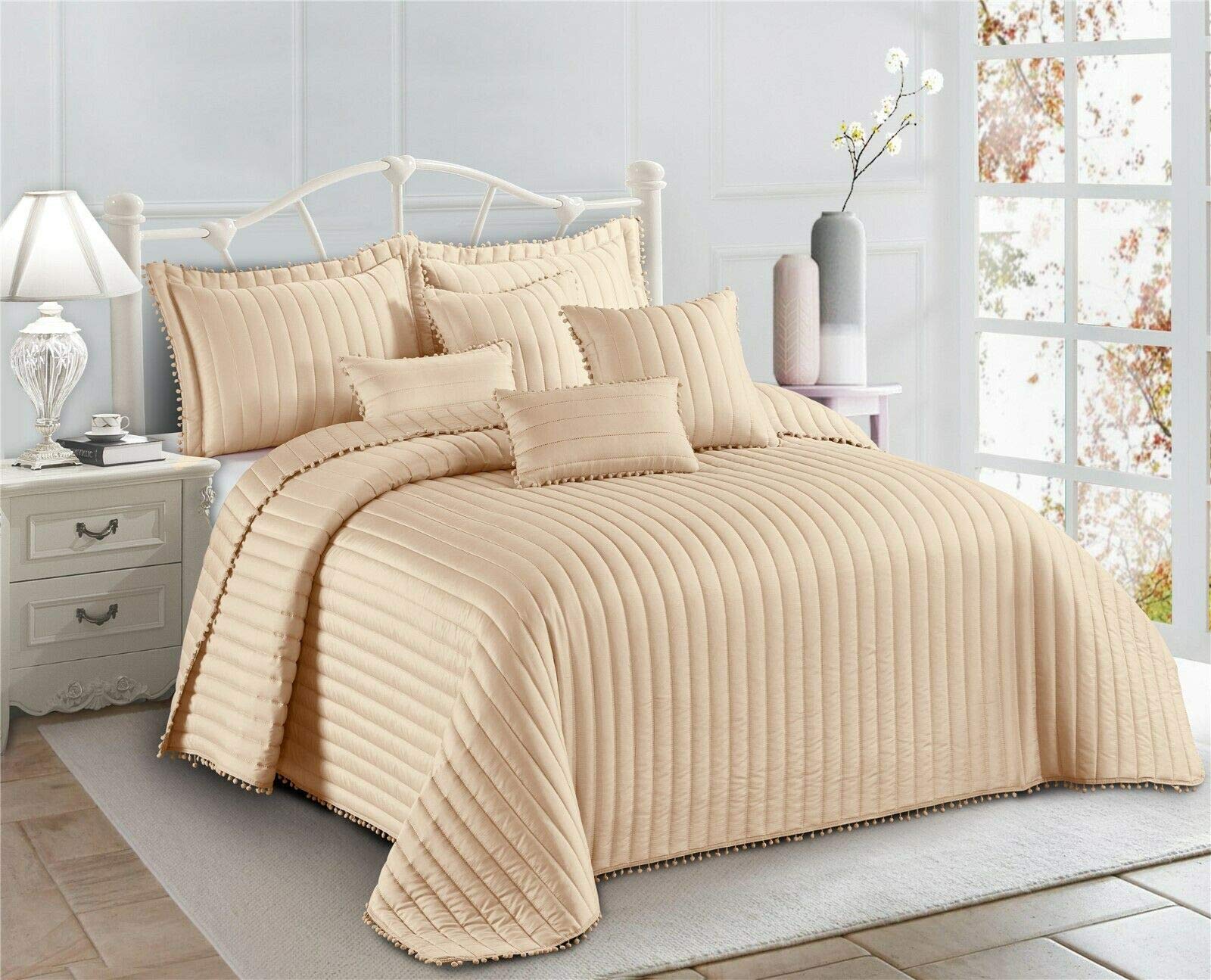 2 Piece Embossed Strip Bedspread Pom Pom Trim Edges Fancy Comforter with Pillow Sham (Beige, Single)