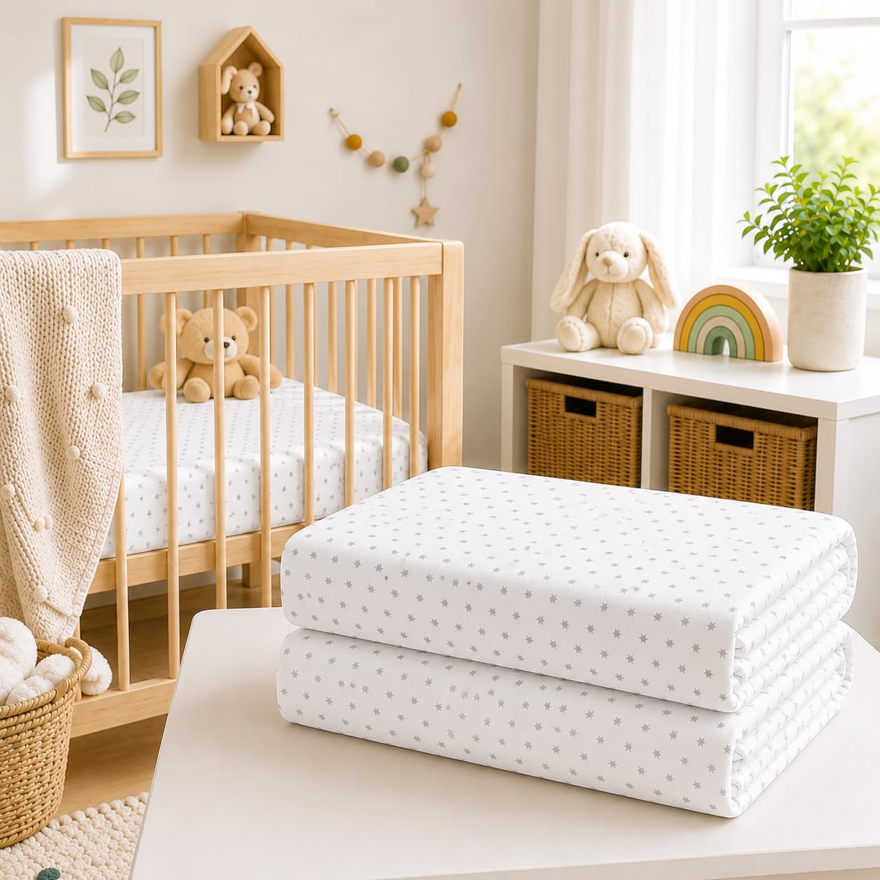 BABYMAM 2 Pack 100% Cotton Jersey Fitted Sheets 140x70cm Cot Bed (Small Stars with White)