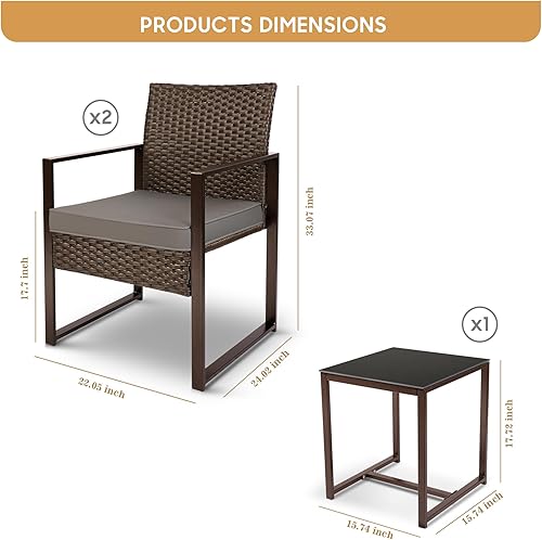 Miniatura 3 de YIYAN Juego de muebles de exterior de 3 piezas, sillas de mimbre y tetera, jardín, balcón, patio, con cojín lavable (gris)