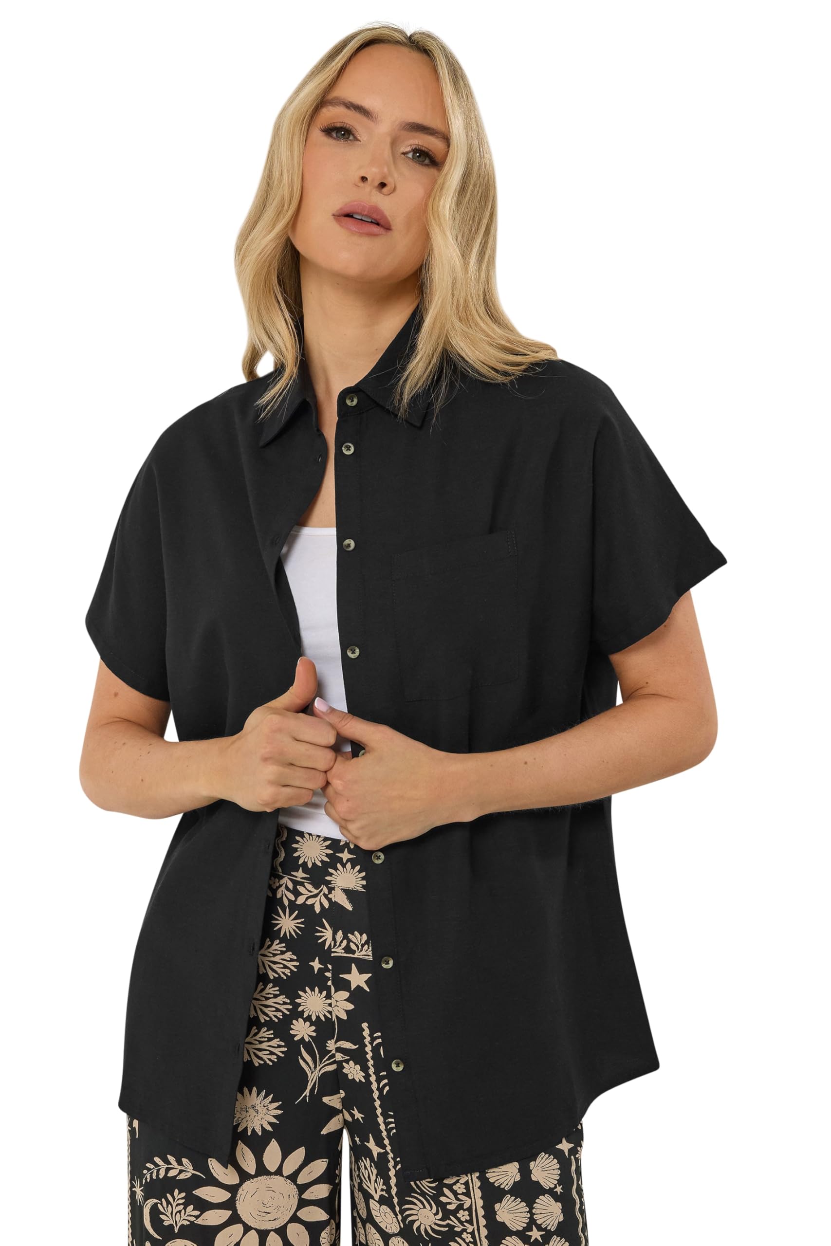 Long Tall Sally Women's Black Tall Short Sleeve Linen Shirt In | Size: 16