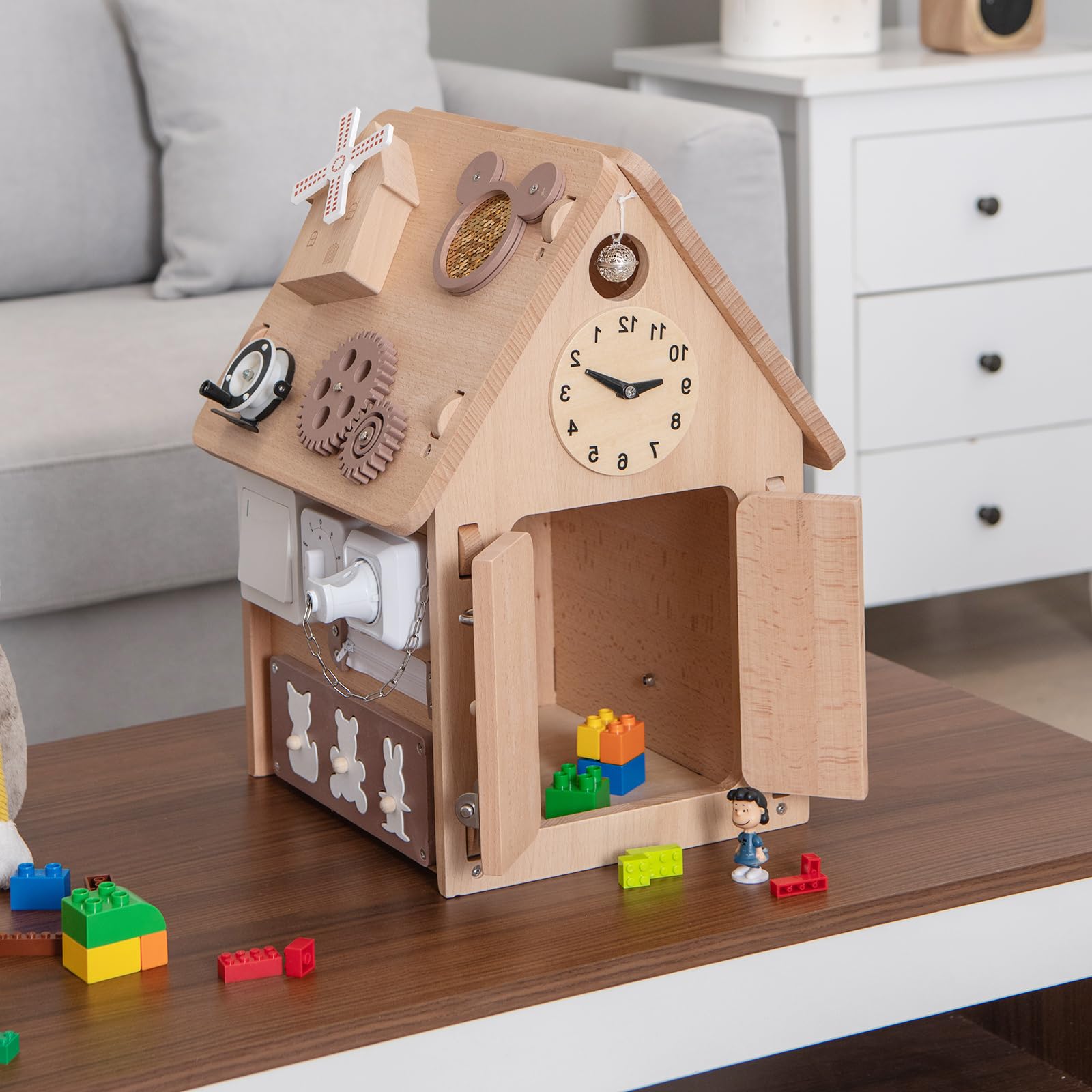 HOMASIS Casa dei Giochi per Bambini in Legno, Casa dei Divertimenti con Orologio, Rubinetto, Interruttore, Timer, Spina e Presa, Giochi Sensoriali e Montessori per Bambini da 3+ Anni, Naturale