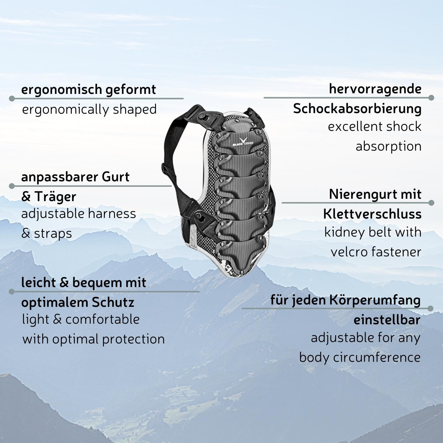 Black Crevice Rückenprotektor für Kinder, Jugendliche & Erwachsene I Atmungsaktiver & ergonomisch geformter Rücken-Protektor I Verstellbarer Rückenprotektor Damen & Herren I Versch. Farben