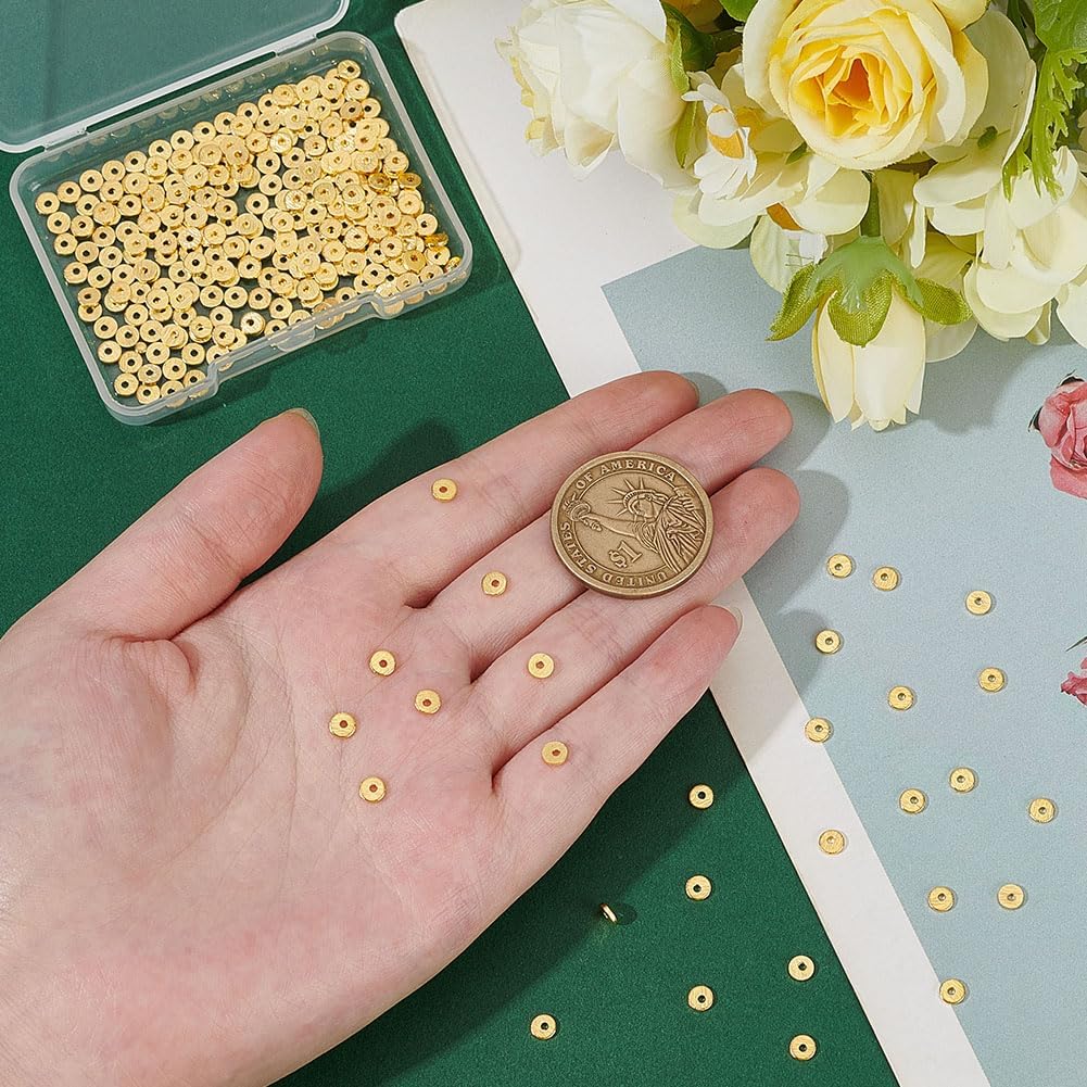 PH PandaHall 300pcs Golden Spacer Beads 4mm Flat Round Heishi Beads Disc Spacer Bead Long-Lasting Loose Bead for Summer Stackable Jewelry Making Bracelets Necklaces Earrings DIY Craft, Hole: 1.2mm - Image 3