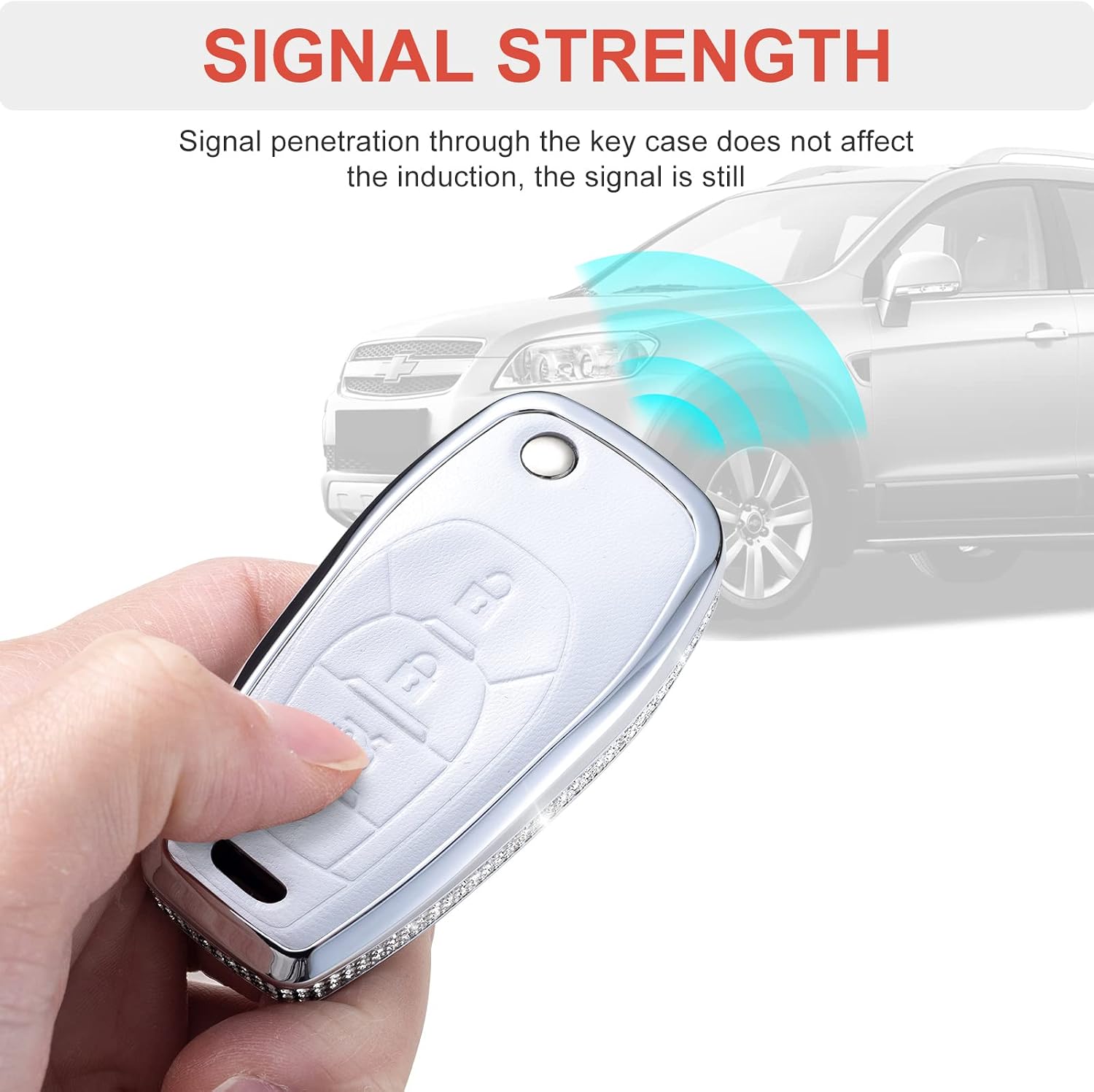 Compatible with Chevy Key Fob Cover with Keychain Genuine Leather Crystal Key Case Protector for Chevrolet (White)