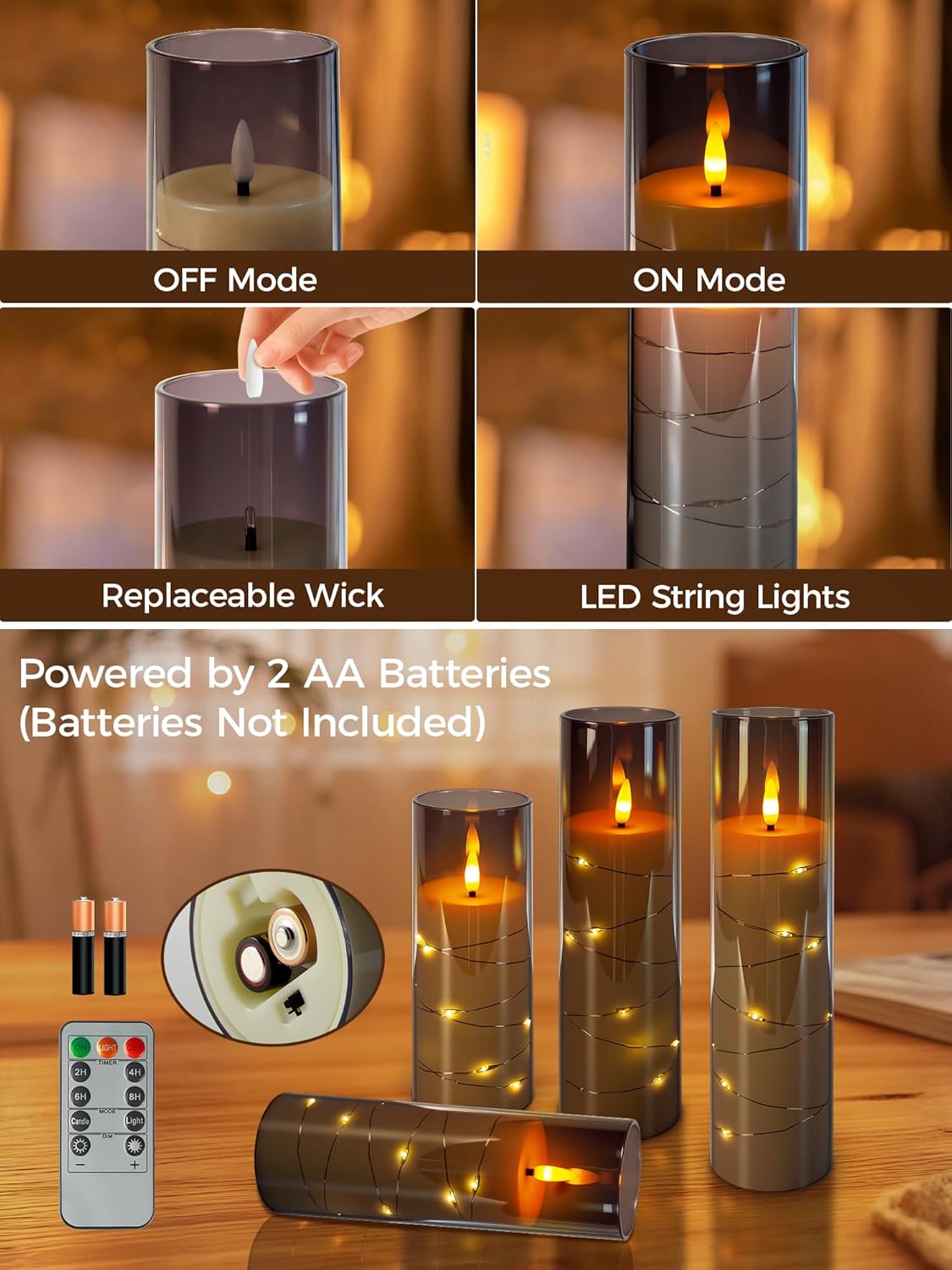 uuffoo 5 Pcs Flameless LED Candles with Timer Remote Flickering Flameless Candles with Embedded Star String, 3D Wick Acrylic Battery Operated LED Pillar Candles for Wedding Party Home Decor