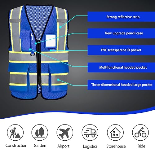 Miniatura 5 de AYKRM Chaleco de seguridad reflectante de alta visibilidad de 11 colores para mujeres y hombres con cremallera de bolsillo de seguridad