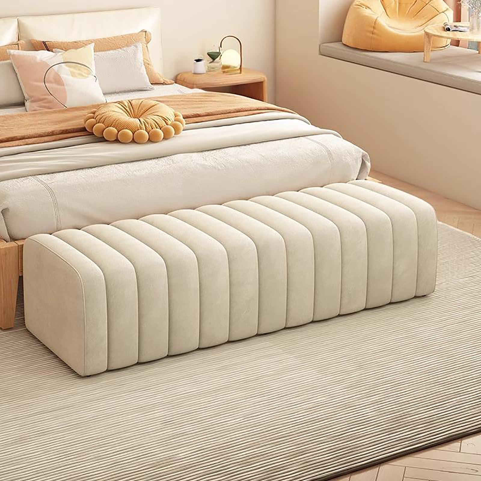 MSHGSKU Velvet Storage Bench Entryway Shoe Bench Toast Solid Wood Ottoman Plush Footrest for Living Room Bedroom Hallway Dressing Room (120x40x40cm Beige)