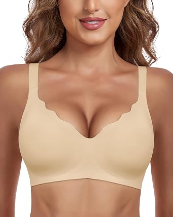 HORISUN Womens Wireless Comfortable Bra Seamless Bras No Underwire Push Up Deep V Scalloped Bralettes with Support