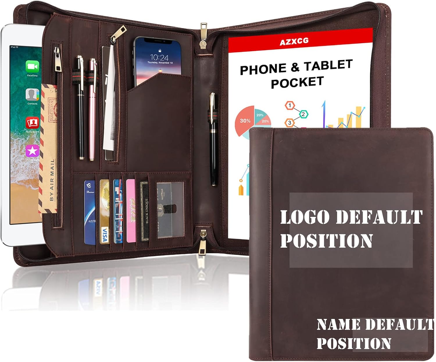 Free Engraved Name, Leather Notepad Holder, Custom Office Portfolio, Zippered Padfolio for 12.9inch Tablet, Business Organizer for A4 Size Notebook, Document Leather Folio, Customized, Dark Brown