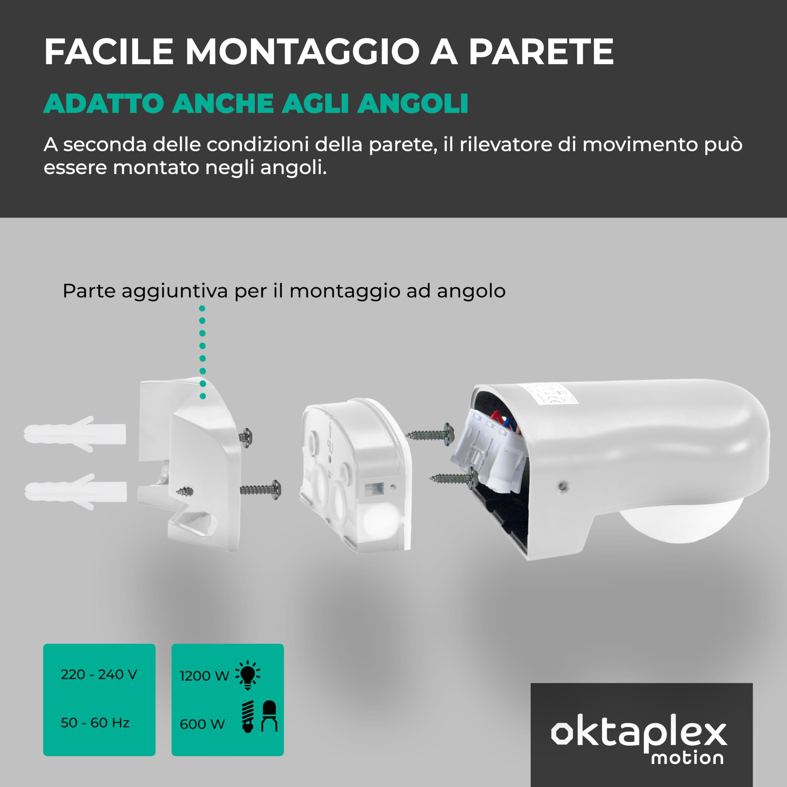 Sensore Movimento Esterno OKTAPLEX 230V IP65 - PIR 240°, Portata 10m, Regolabile, Con Staffa Angolare - Foto 5