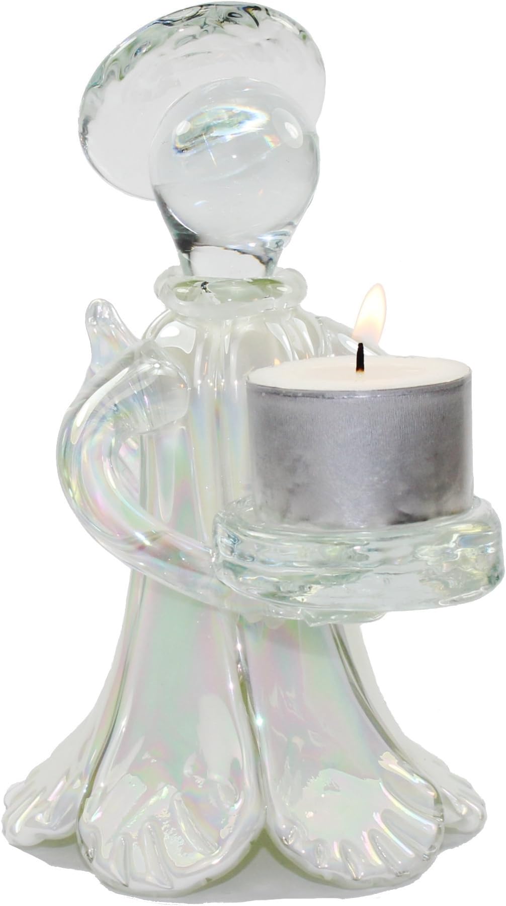 Tall Glass Angel Tealight Holder with Pearlescent Finish in White