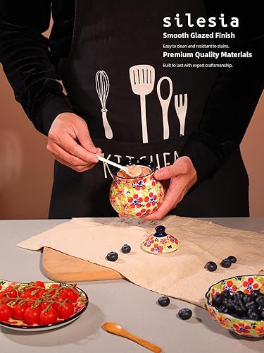 Miniatura 6 de silesia Azucarero hecho a mano con tapa y cuchara, tarro de azúcar de cerámica pintado a mano de 9 onzas para el hogar en caja de regalo, decoración