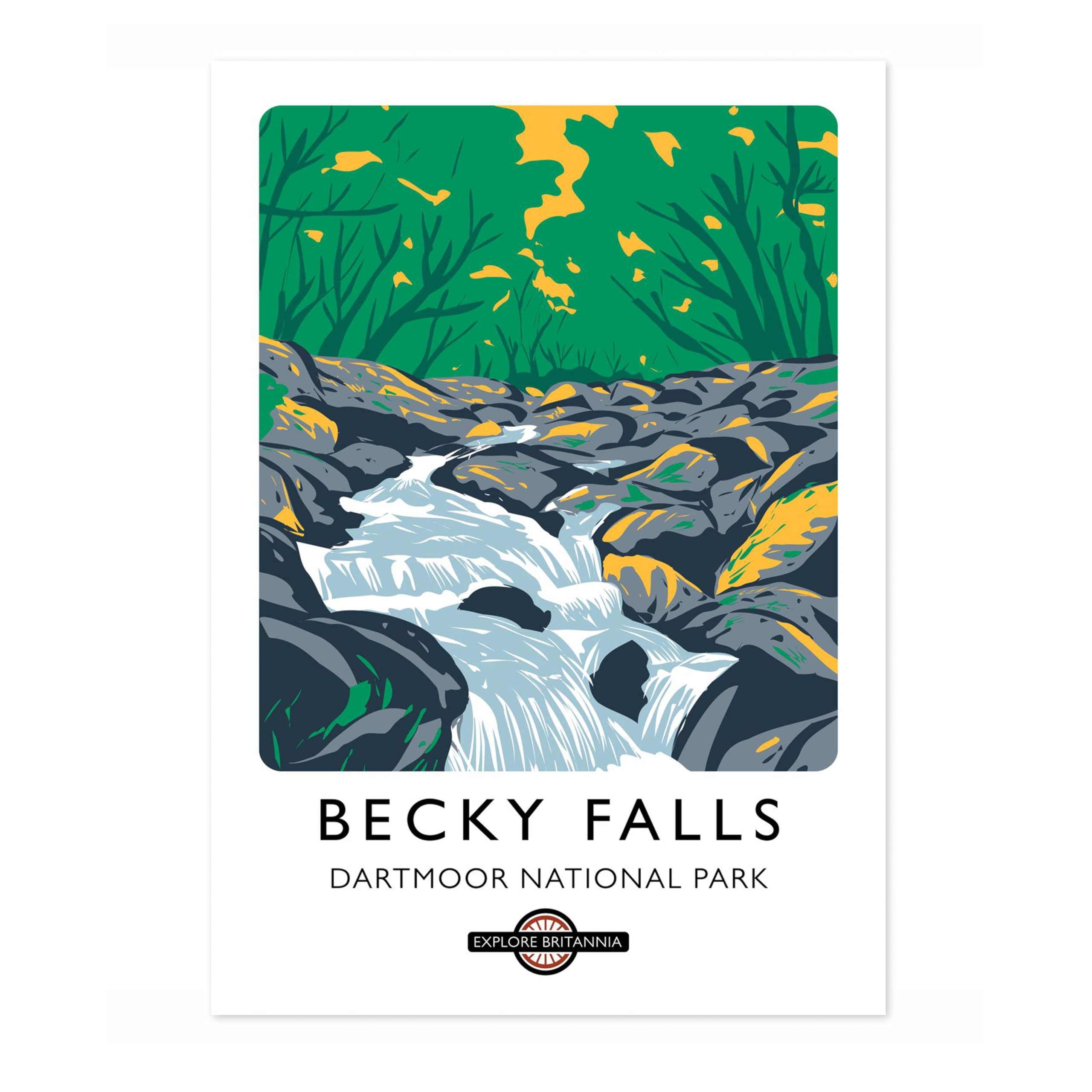 Becky Falls, Dartmoor National Park England Travel Poster, Explore Britain Modern Illustration Destination Print, Modern British UK Living Room Decor, A3 (Print Only) - 42x29.7cm