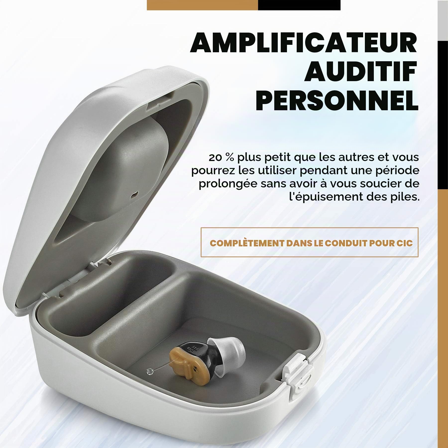 Amplificateur auditif numérique haut de gamme - Oreille droite invisible dans le canal (CIC) Mini-système d'amélioration du son intra-auriculaire, presque invisible, suppression du bruit - Noir