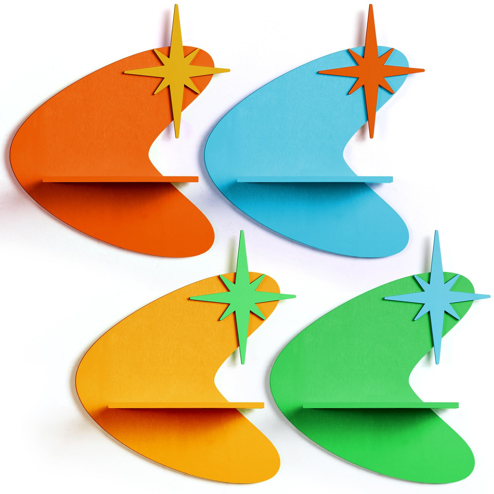 Threehoney Mid-Century Modern Wall Set of 4 Colorful Floating Display Shelves Retro Style Starburst Wall Mounted Shelves Storage for Bedroom, Living Room Decor(Star-Shaped Burst)