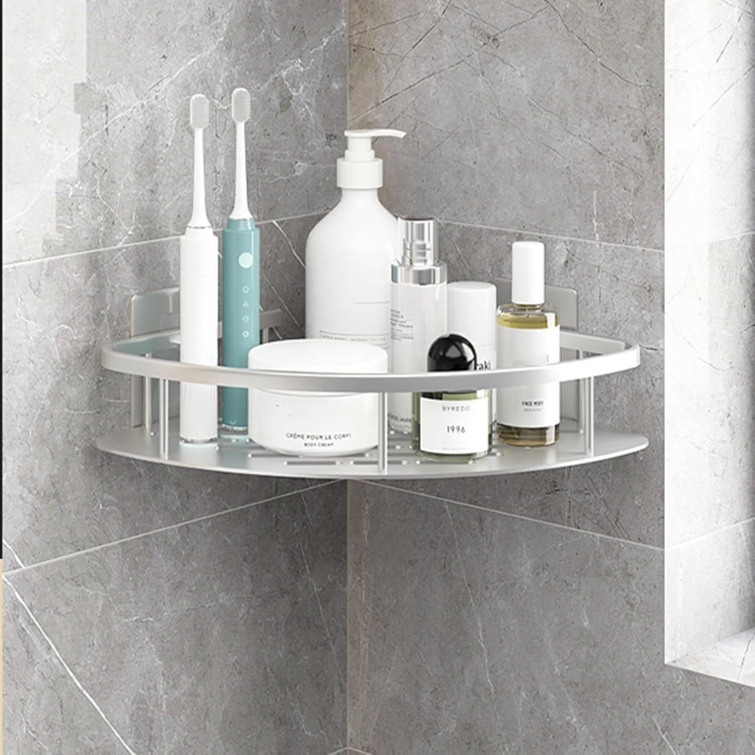 SRURLLUG No Drilling Corner Shower Caddy Adhesive Bathroom Triangle Shower Shelves Rustproof Wall Mounted Shower Organizer Large Capacity