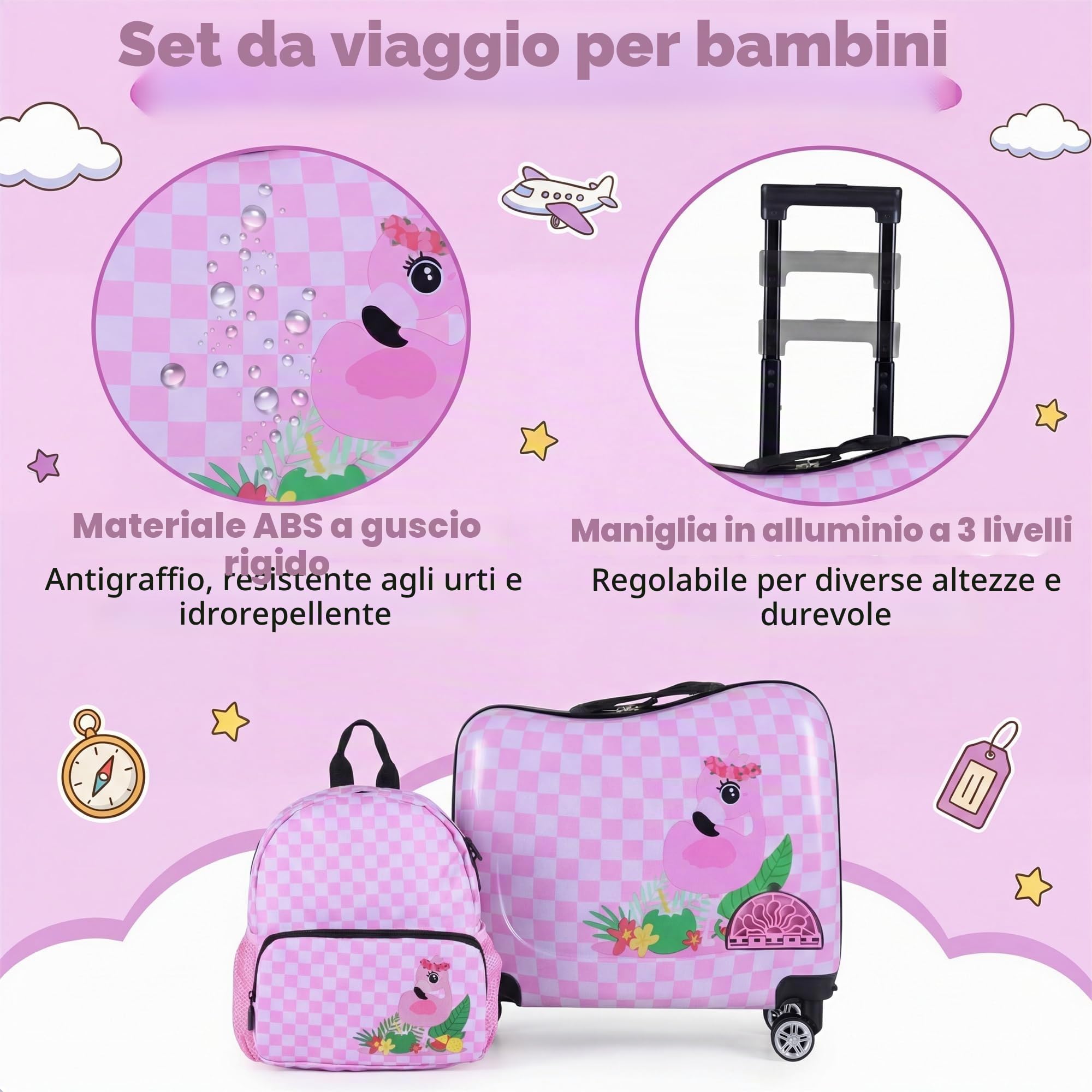 SOARS Set di Valigia Cavalcabile 18’’ + Zaino 12’’ per Bambini 2 Pezzi, Bagagli 2-in-1 di con Maniglia Telescopica e 4 Ruote, Trolley Bagaglio a Mano e Zaino per Bambini (Rosa Fenicottero)