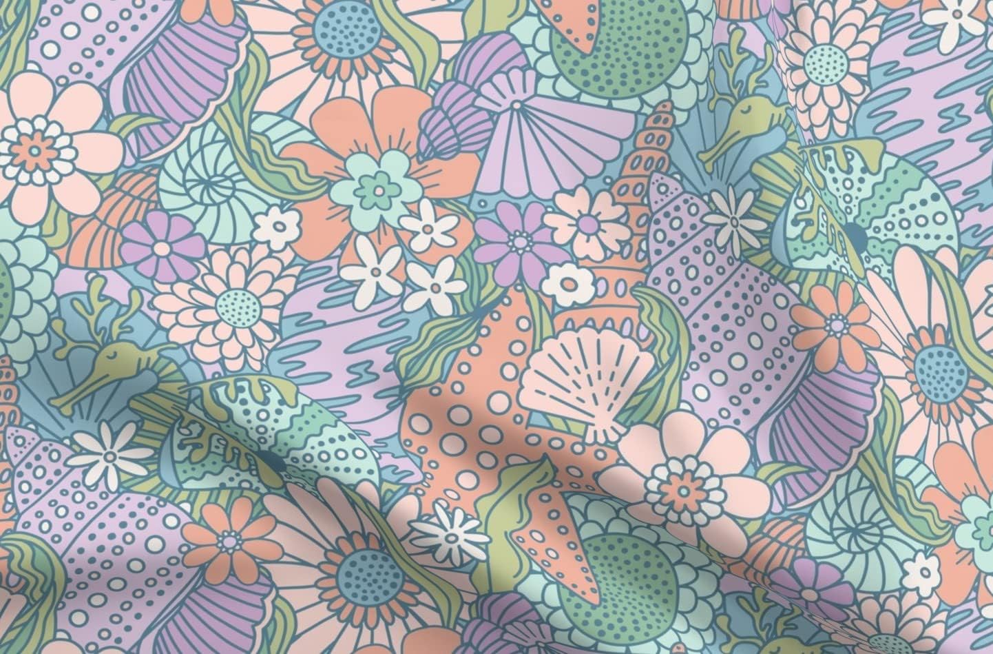 Spoonflower Fabric - Sea Dragon Pastel Nautical Coastal Seashell Coral Pink Lavender Mint Printed on Organic Cotton Sateen Fabric by The Yard - Sewing Quilting Apparel Home Decor
