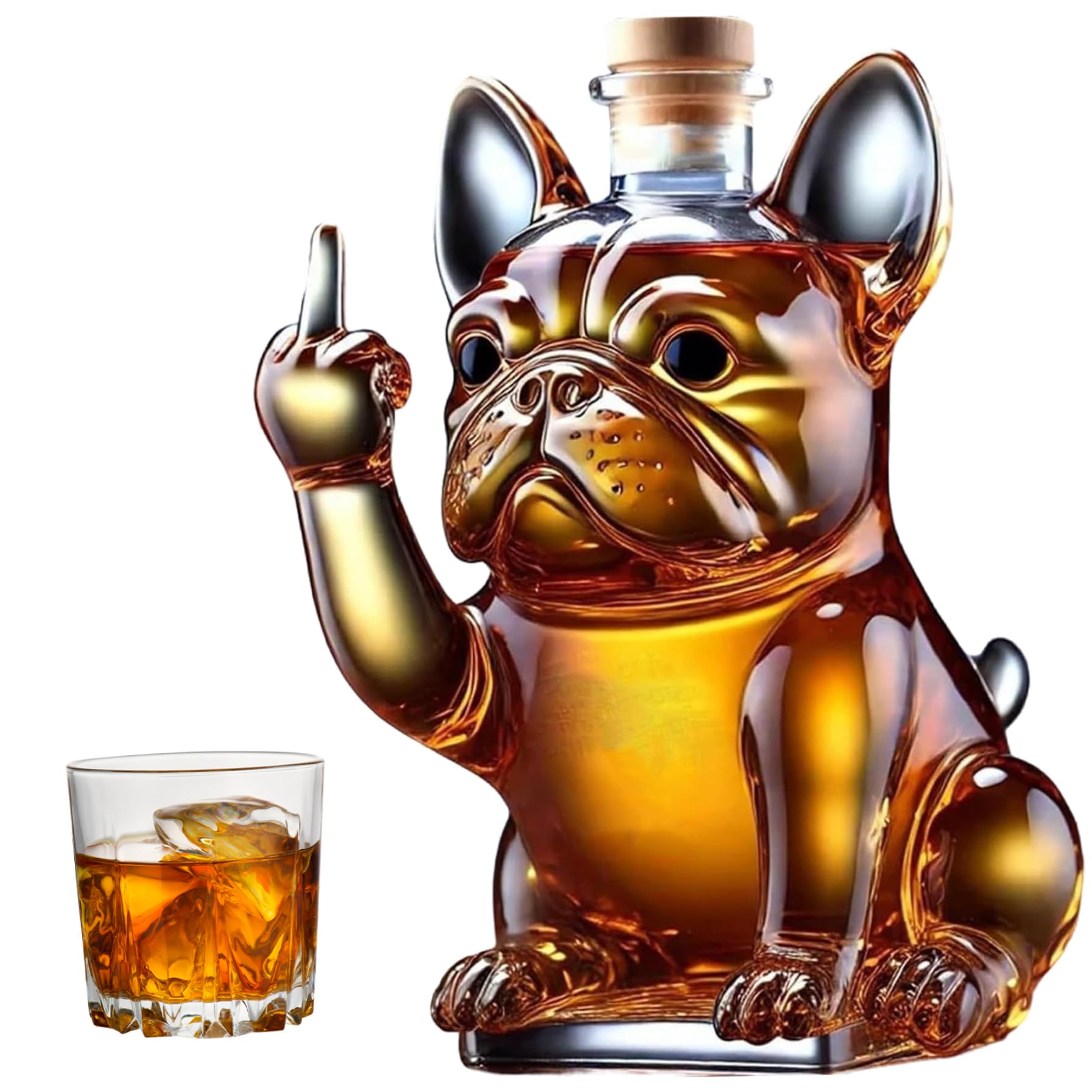 Bouteille de whisky, 7x5x5 pouce bouteille de liqueur bouledogue française drôle montrant son majeur en verre transparent en verre bouteilles whisky pour le vin, tequila