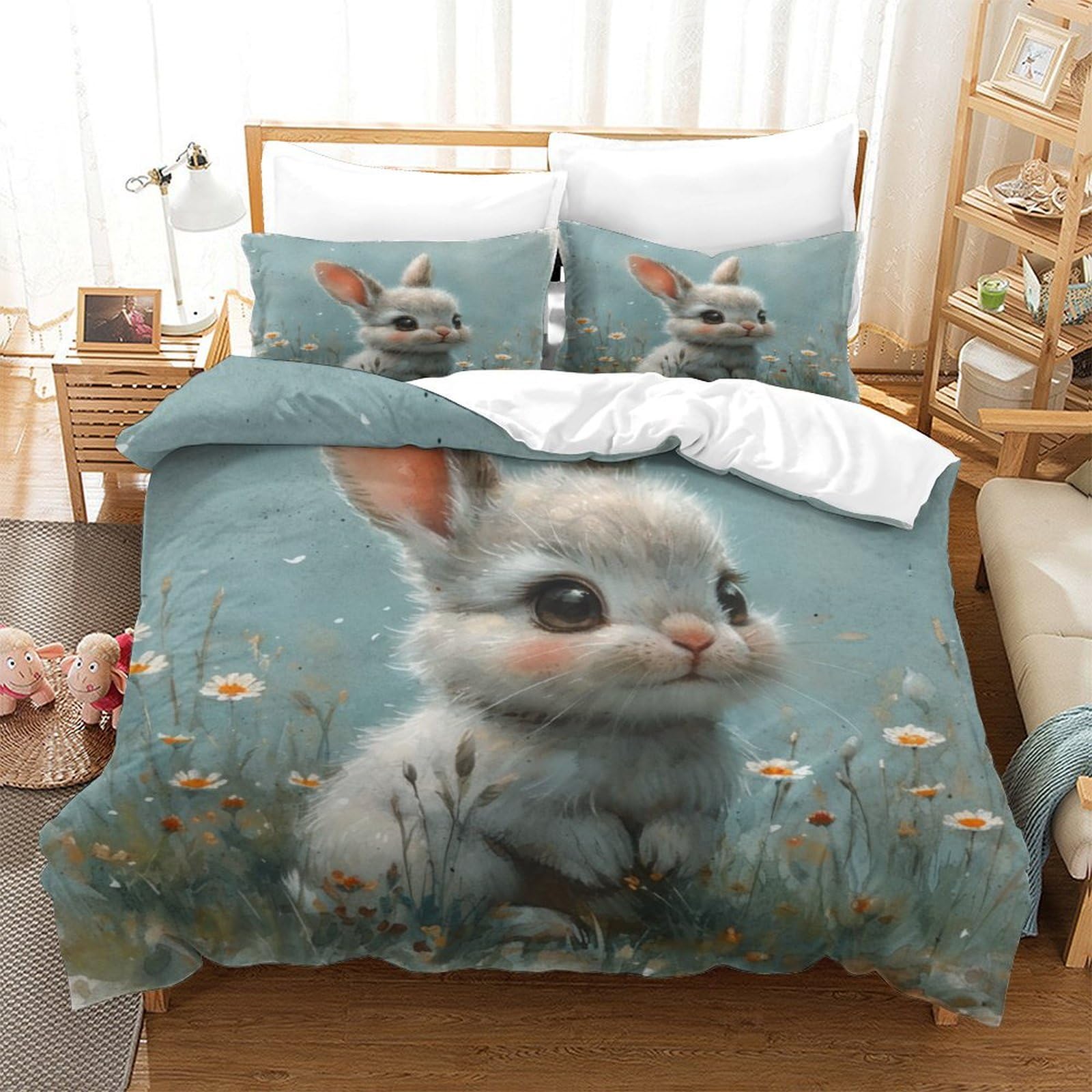 NRAOPEVVD Rabbit Duvet Cover Set with Pillowcase Duvet Quilt Cover 3D Bedding Set for Kids Boys Girls Teens Microfiber Comforter Cover Hidden Zipper Single（140x200cm）