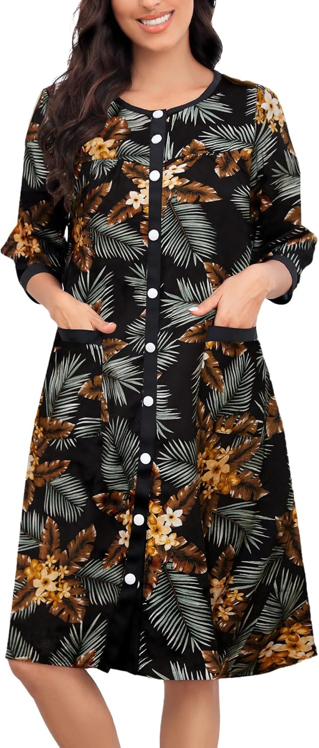 Bloggerlove Women House Dress Snap Front Nightgown 3/4 Sleeve Housecoat