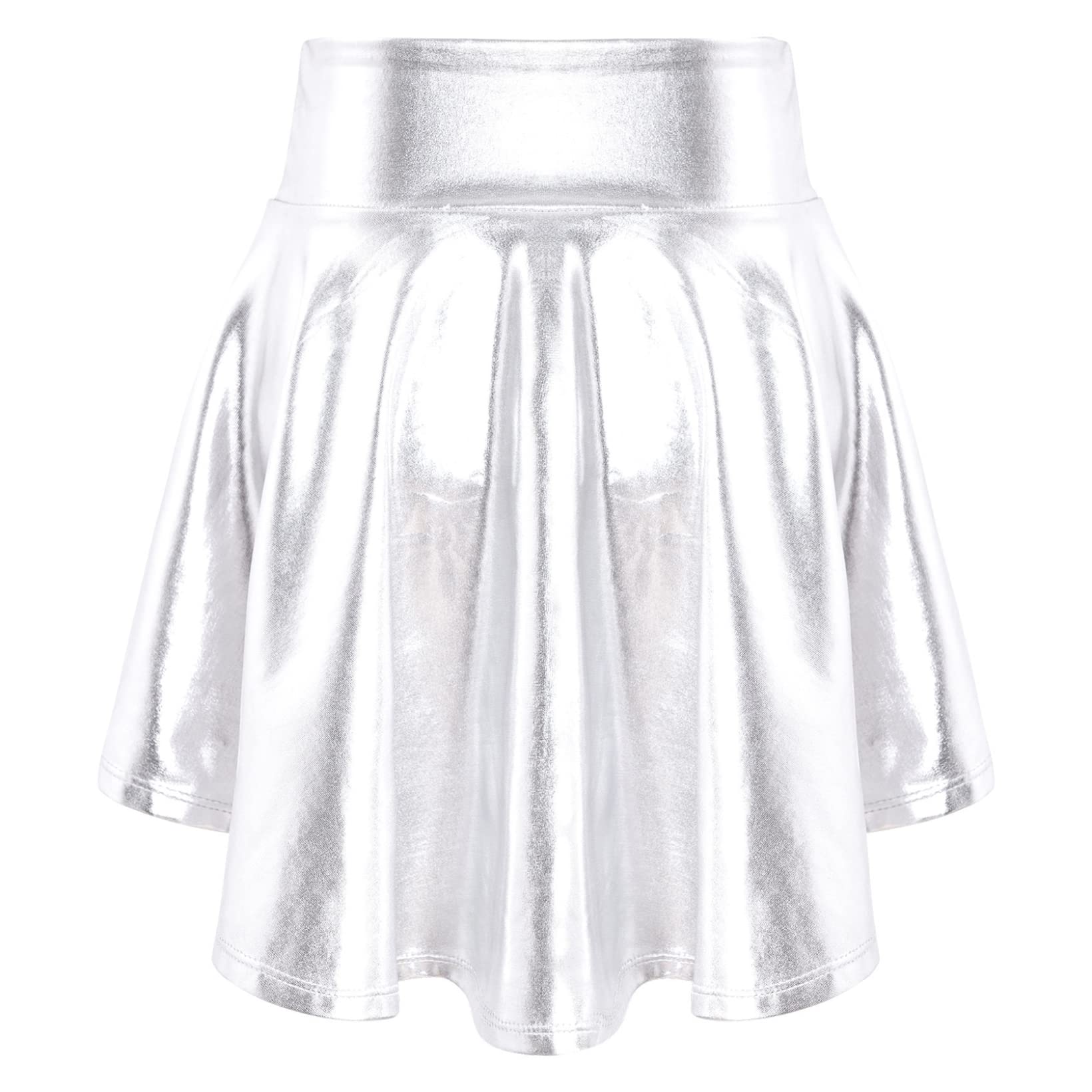 JanJean Kids Girls Shiny Metallic Skater Skort Dance Skirt Elastic Waist Ruffle Hem Athletic Skirt Jazz Hip Hop Dancewear Silver 14 Years