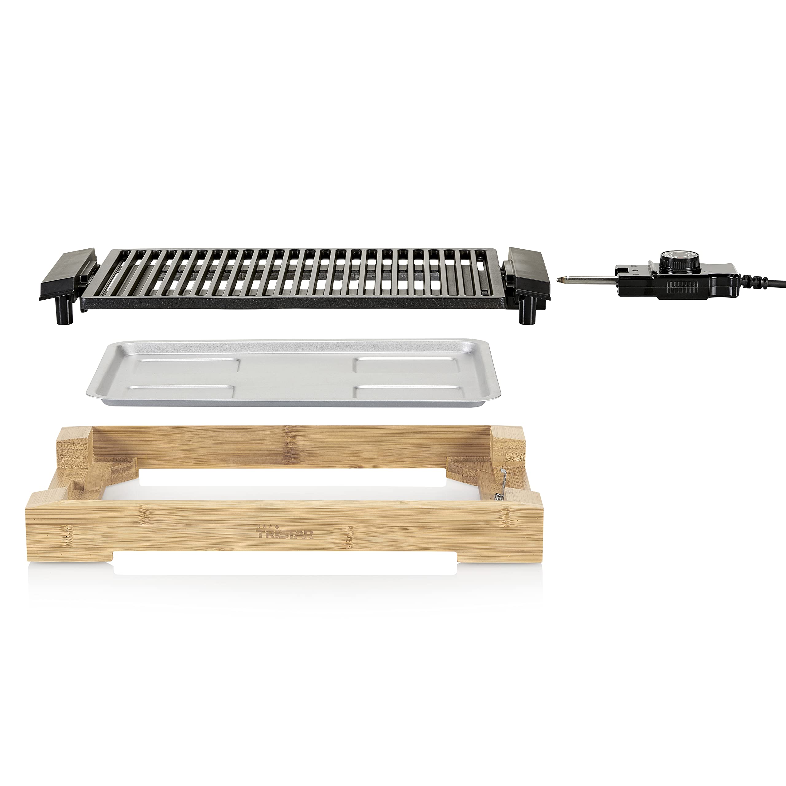 Tristar Griglia e Barbecue elettrico BP-2785, Superficie di 37 x 25 cm, Adatta alla tavola, Bambù