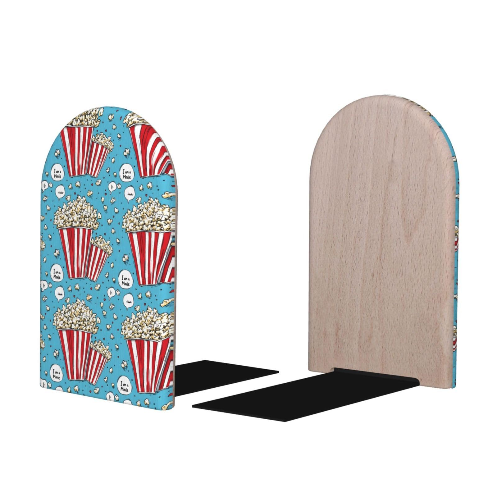 Cartoon Popcorn Print BookEnds 1 Pair, Decorative Bookends for Heavy Books, Wood Book Ends for Shelves, Book Organizer for Home Desk Office Supplies